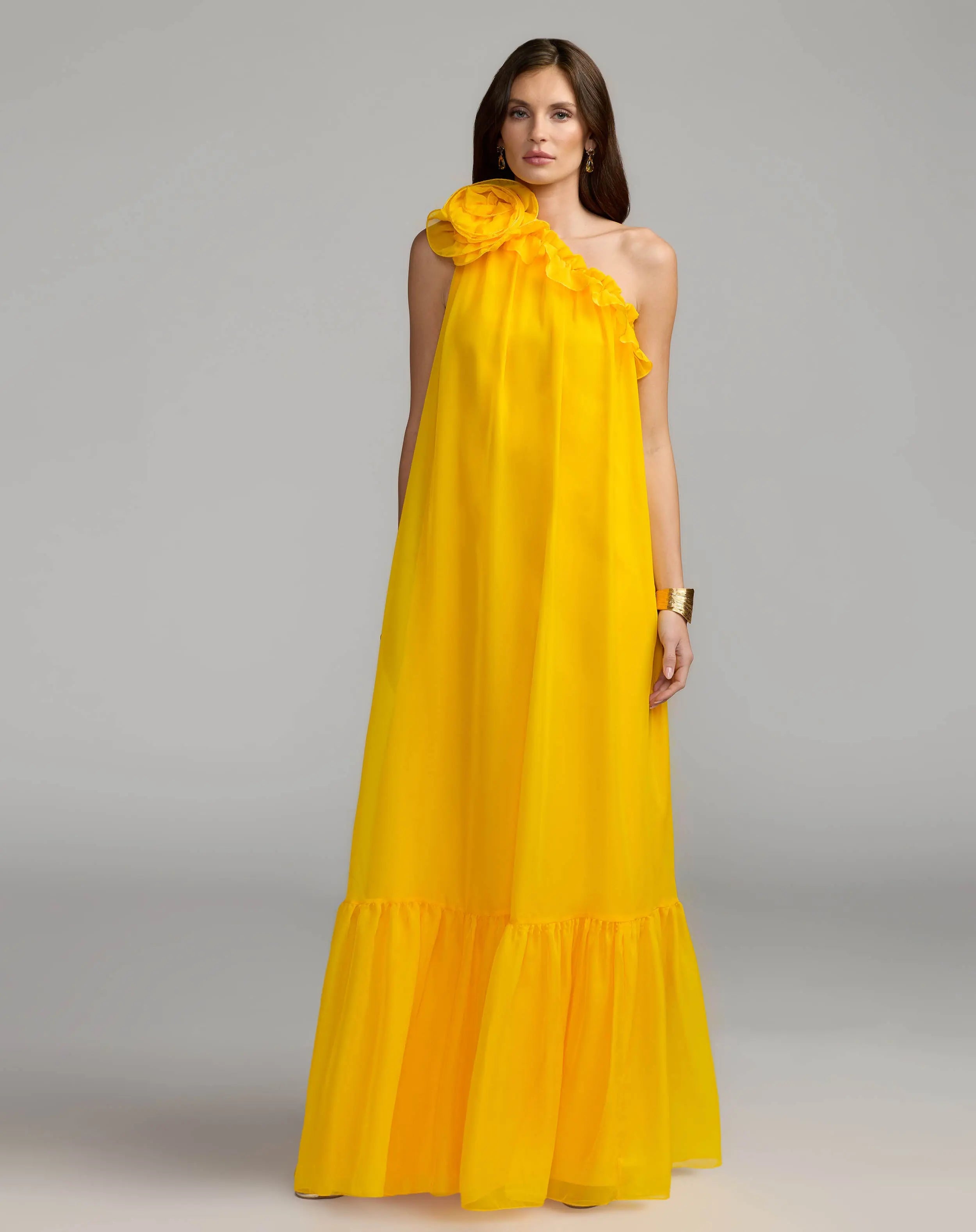 Yellow One Shoulder Chiffon Gown With 3D Rosette-Myartka