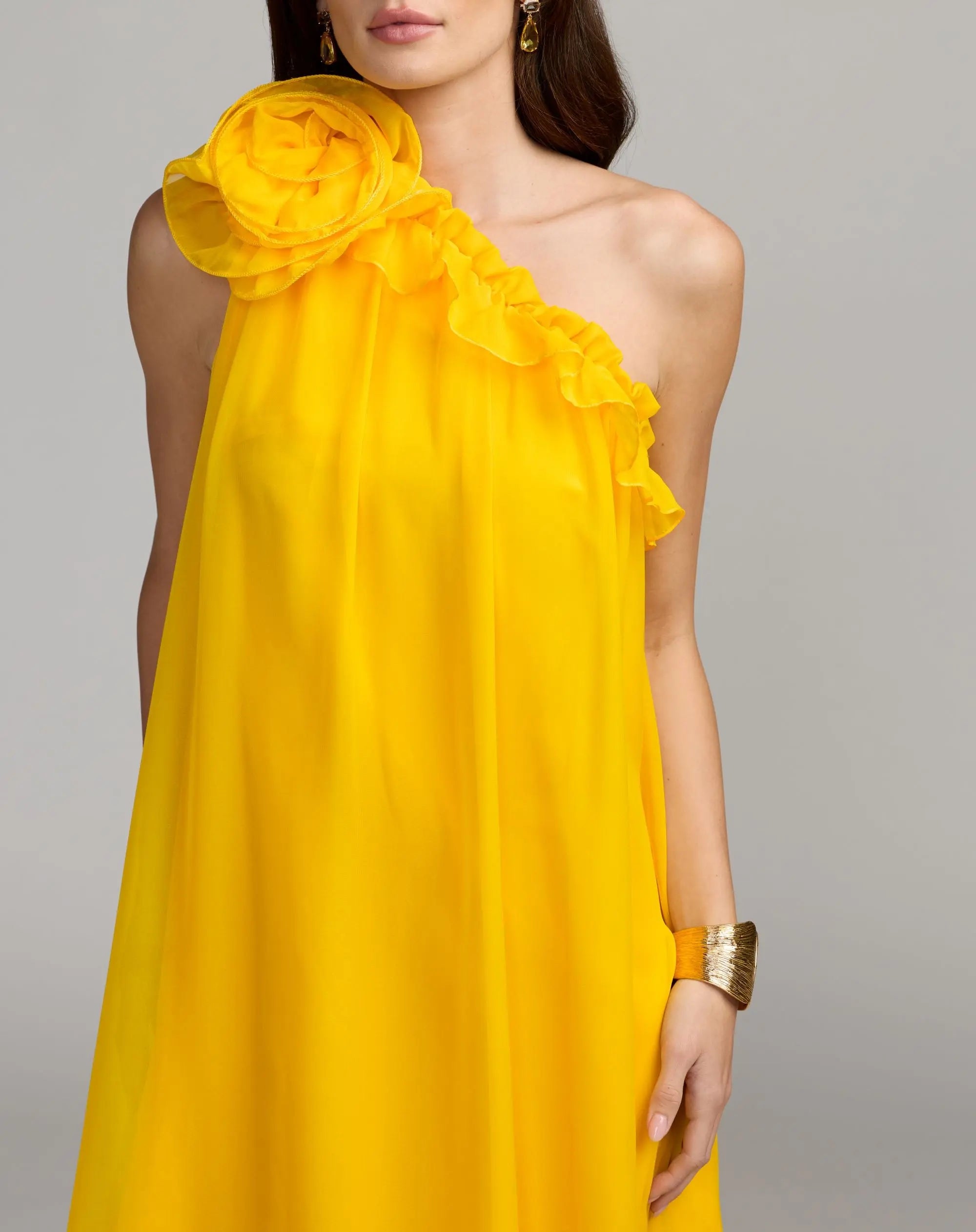 Yellow One Shoulder Chiffon Gown With 3D Rosette-Myartka