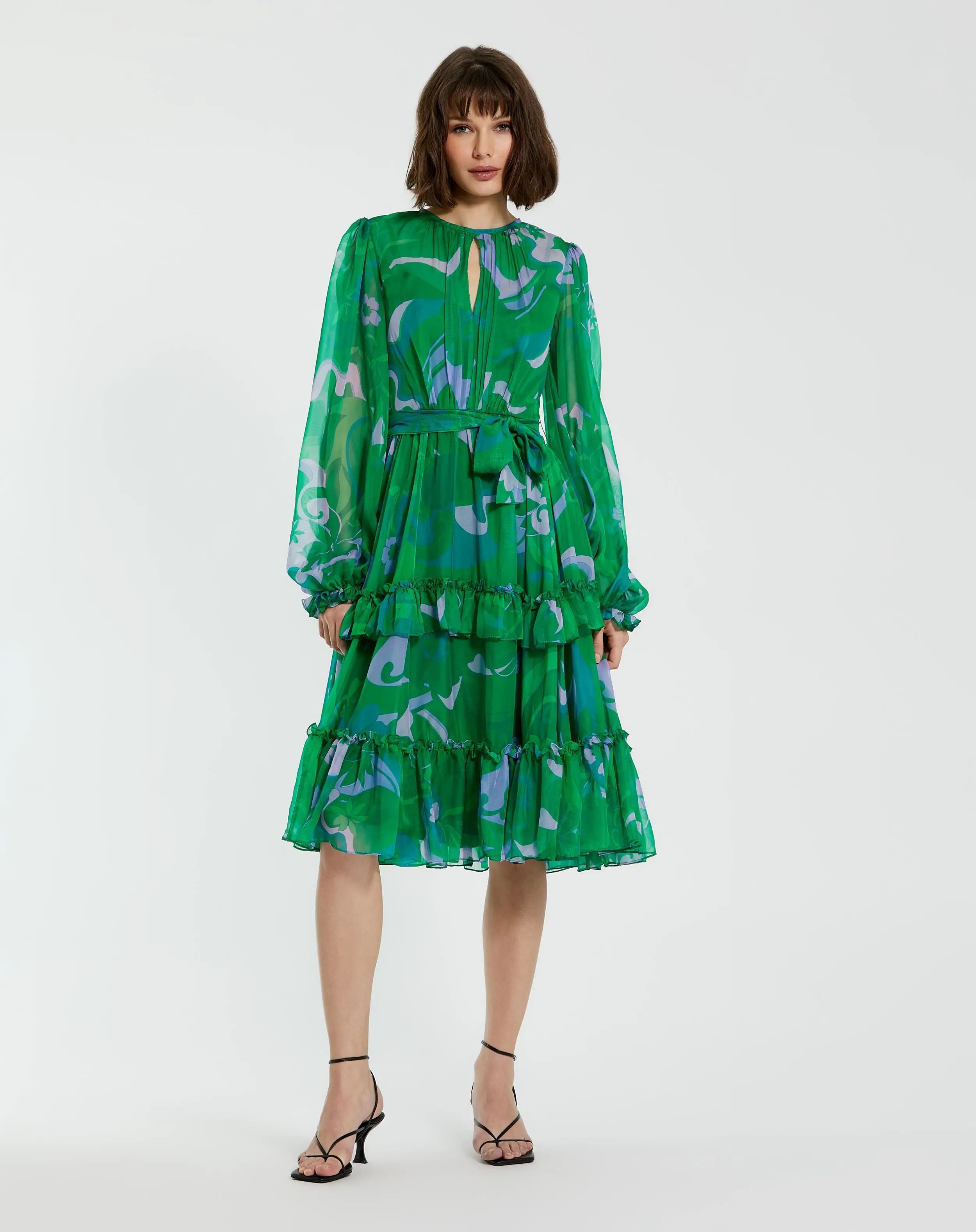 Green Printed Chiffon Bishop Sleeve Tie Waisted Ruffle Midi Dress-Myartka