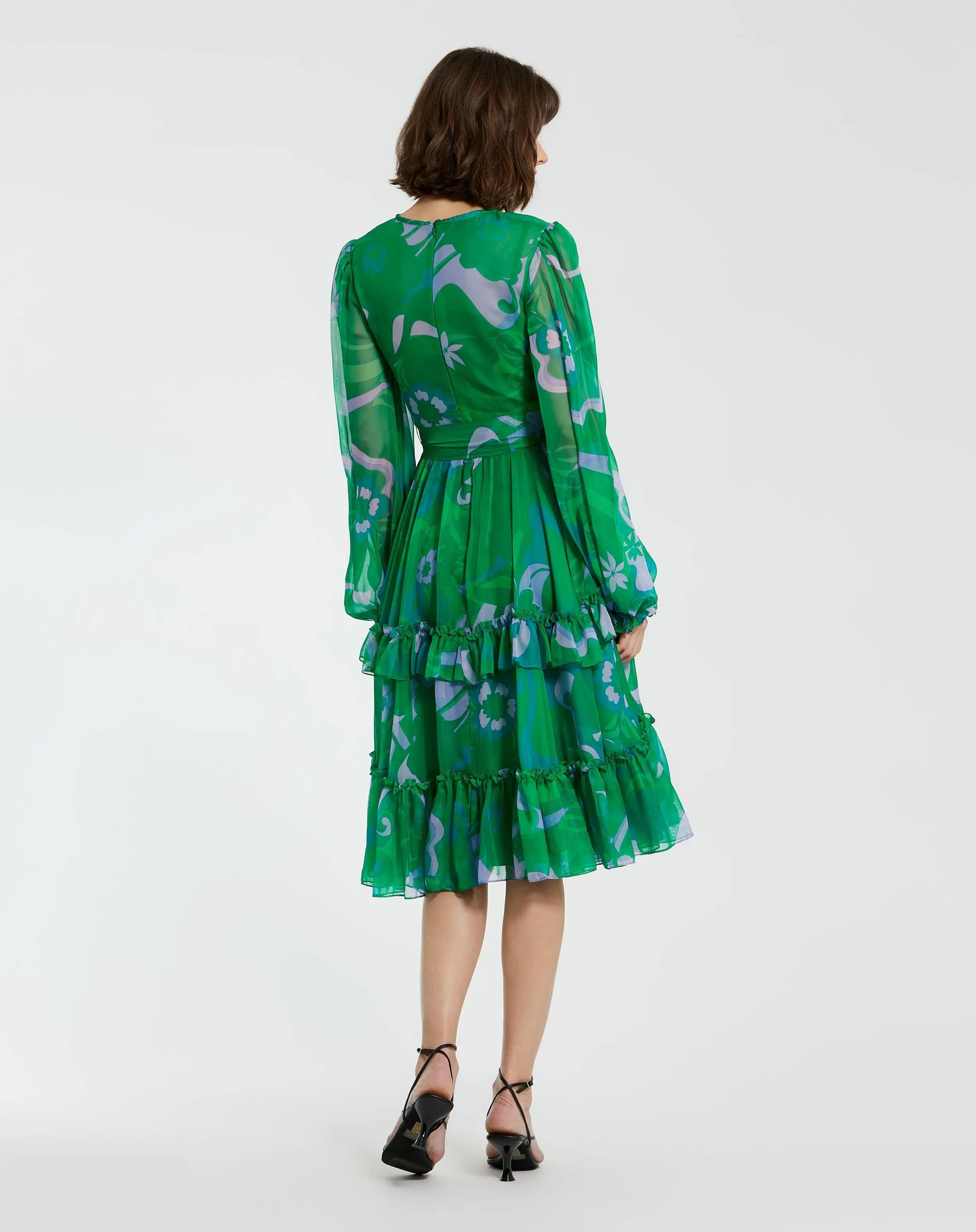 Green Printed Chiffon Bishop Sleeve Tie Waisted Ruffle Midi Dress-Myartka