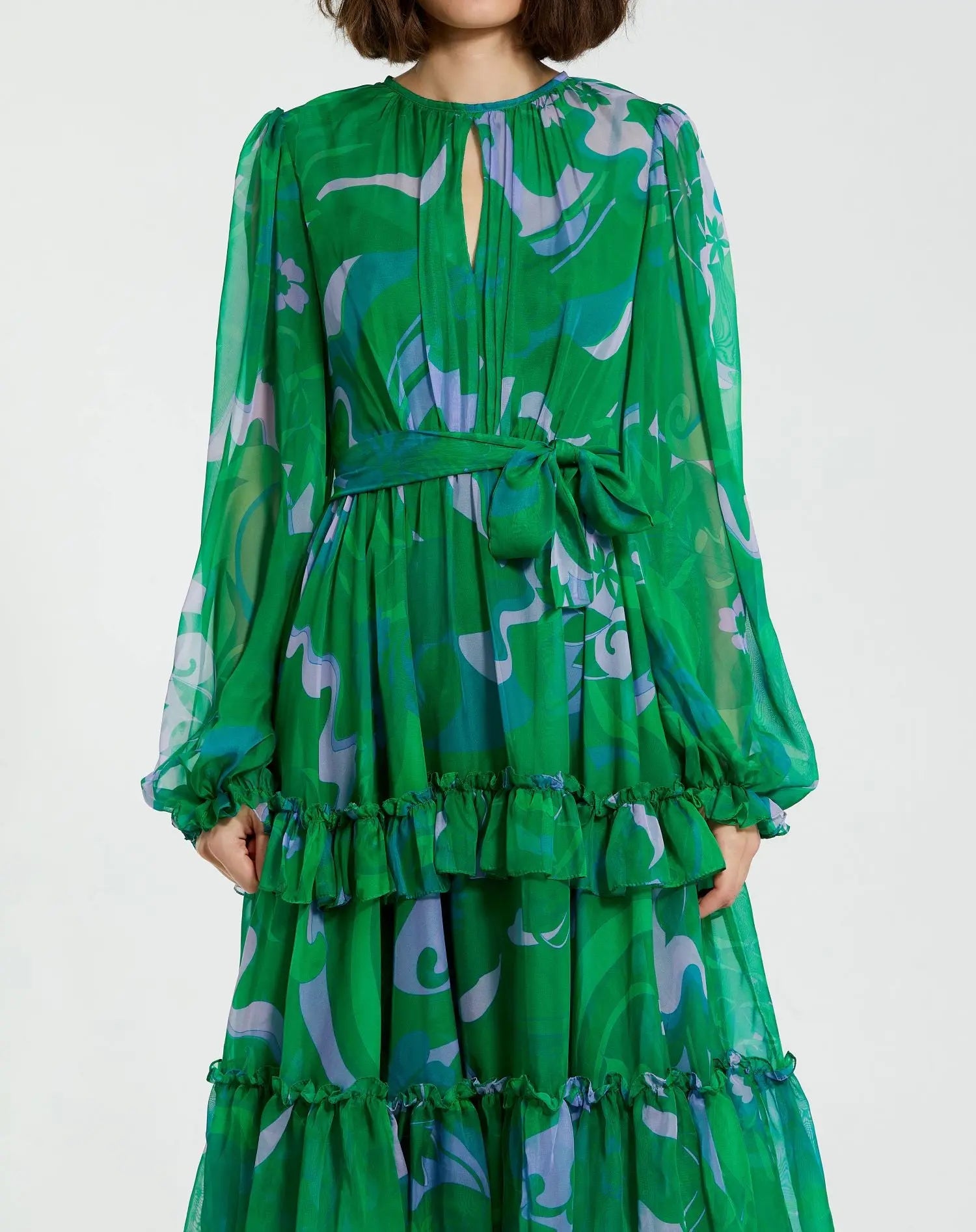Green Printed Chiffon Bishop Sleeve Tie Waisted Ruffle Midi Dress-Myartka