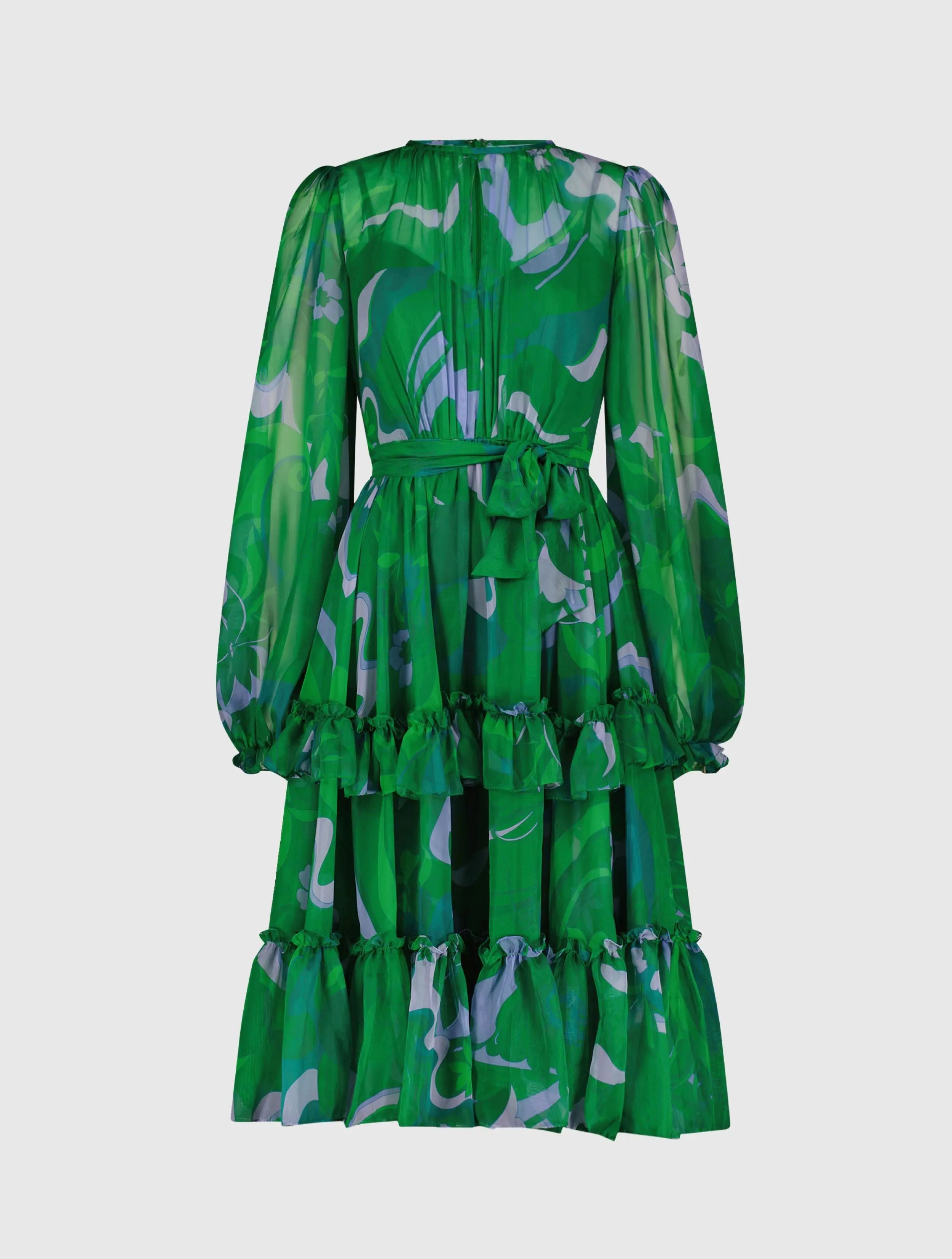 Green Printed Chiffon Bishop Sleeve Tie Waisted Ruffle Midi Dress-Myartka