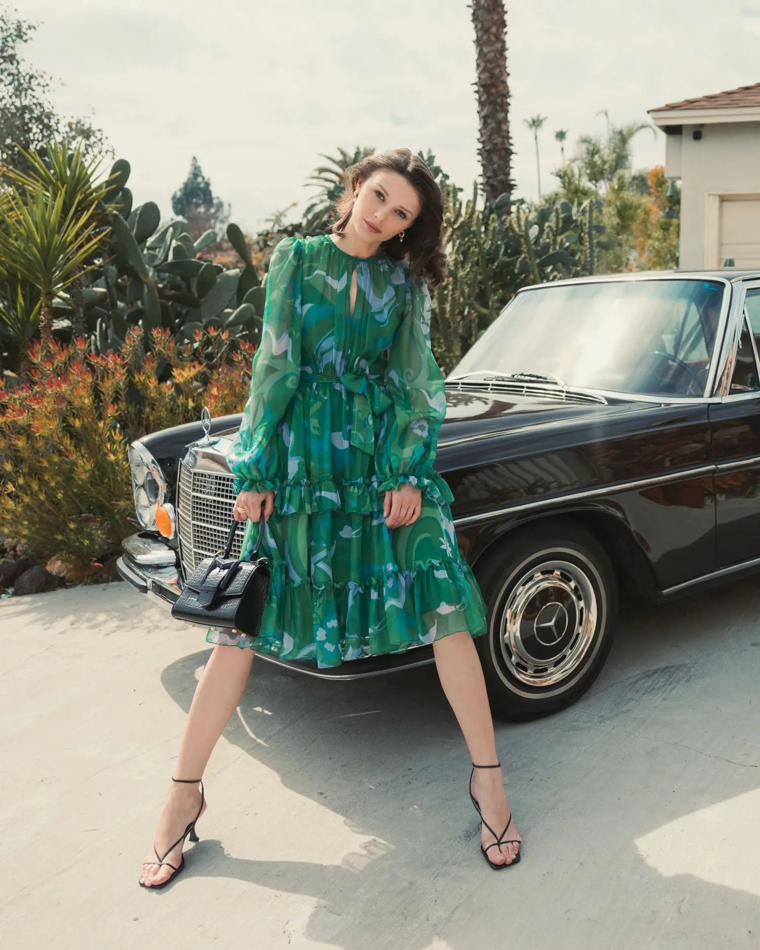 Green Printed Chiffon Bishop Sleeve Tie Waisted Ruffle Midi Dress-Myartka