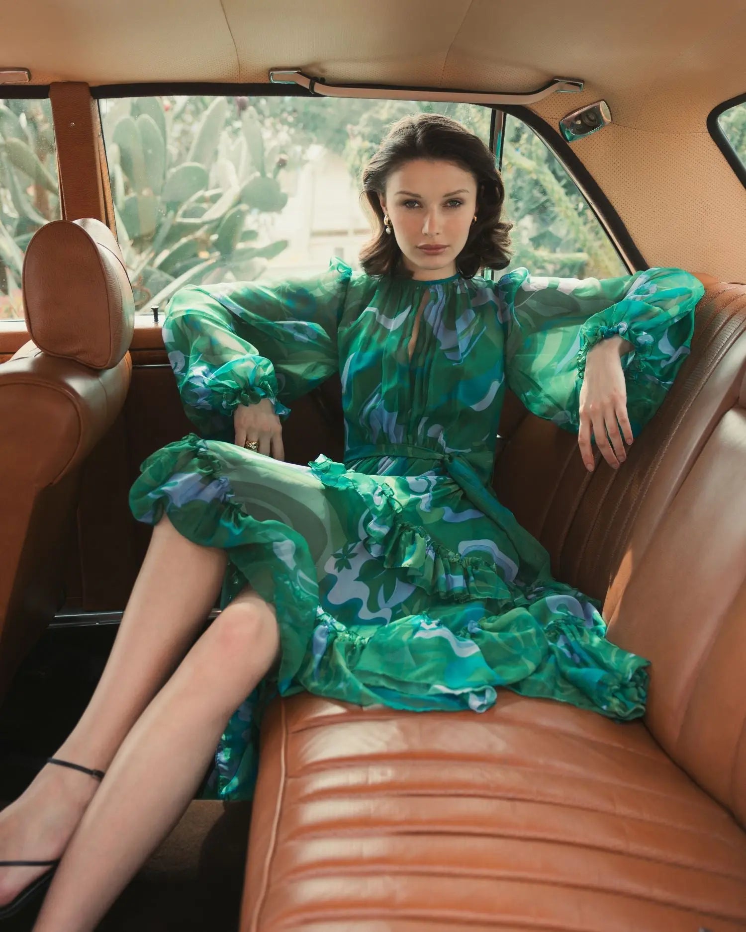 Green Printed Chiffon Bishop Sleeve Tie Waisted Ruffle Midi Dress-Myartka