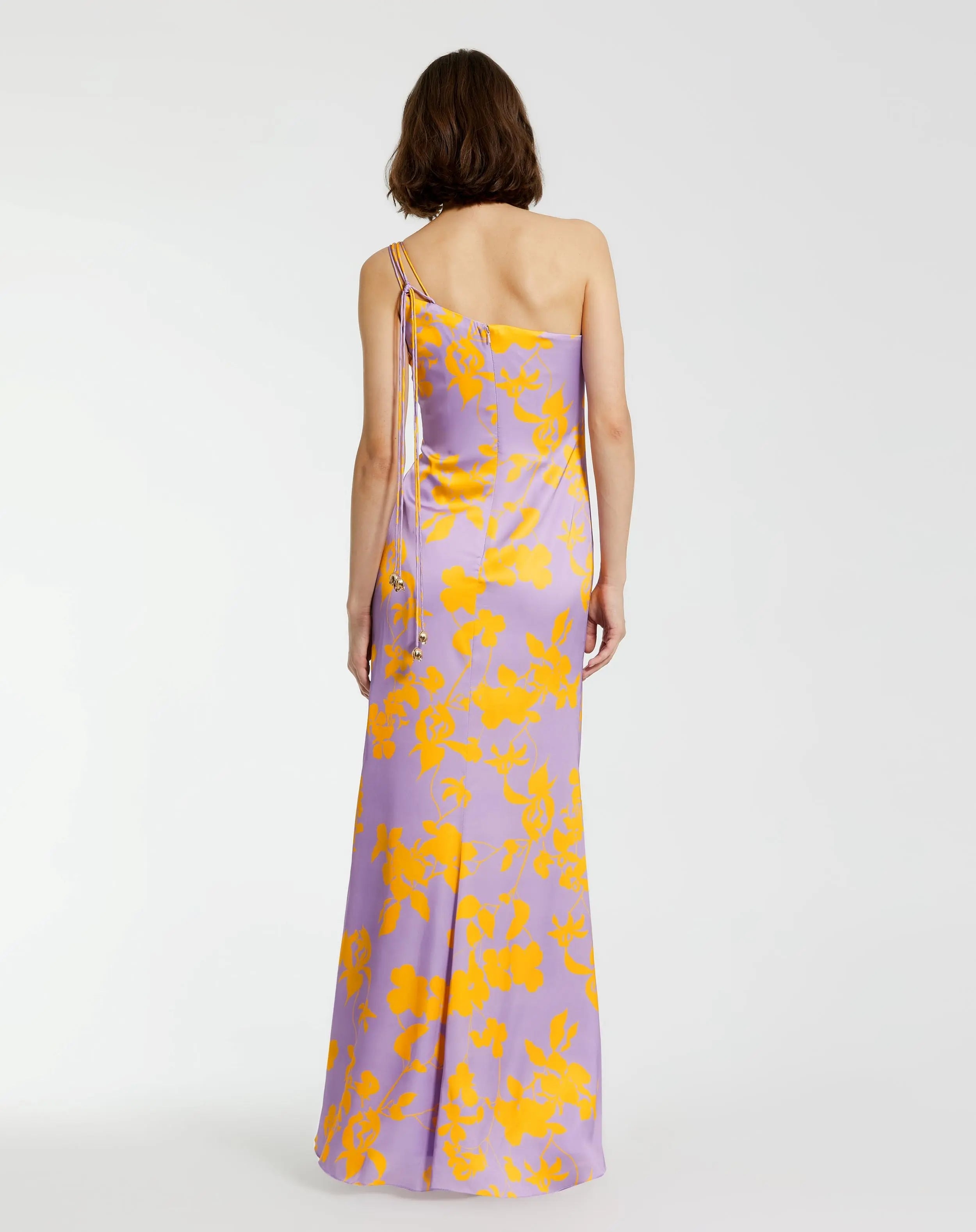 Purple Orchid Floral Printed Charmeuse One Shoulder Maxi Dress With Slit-Myartka