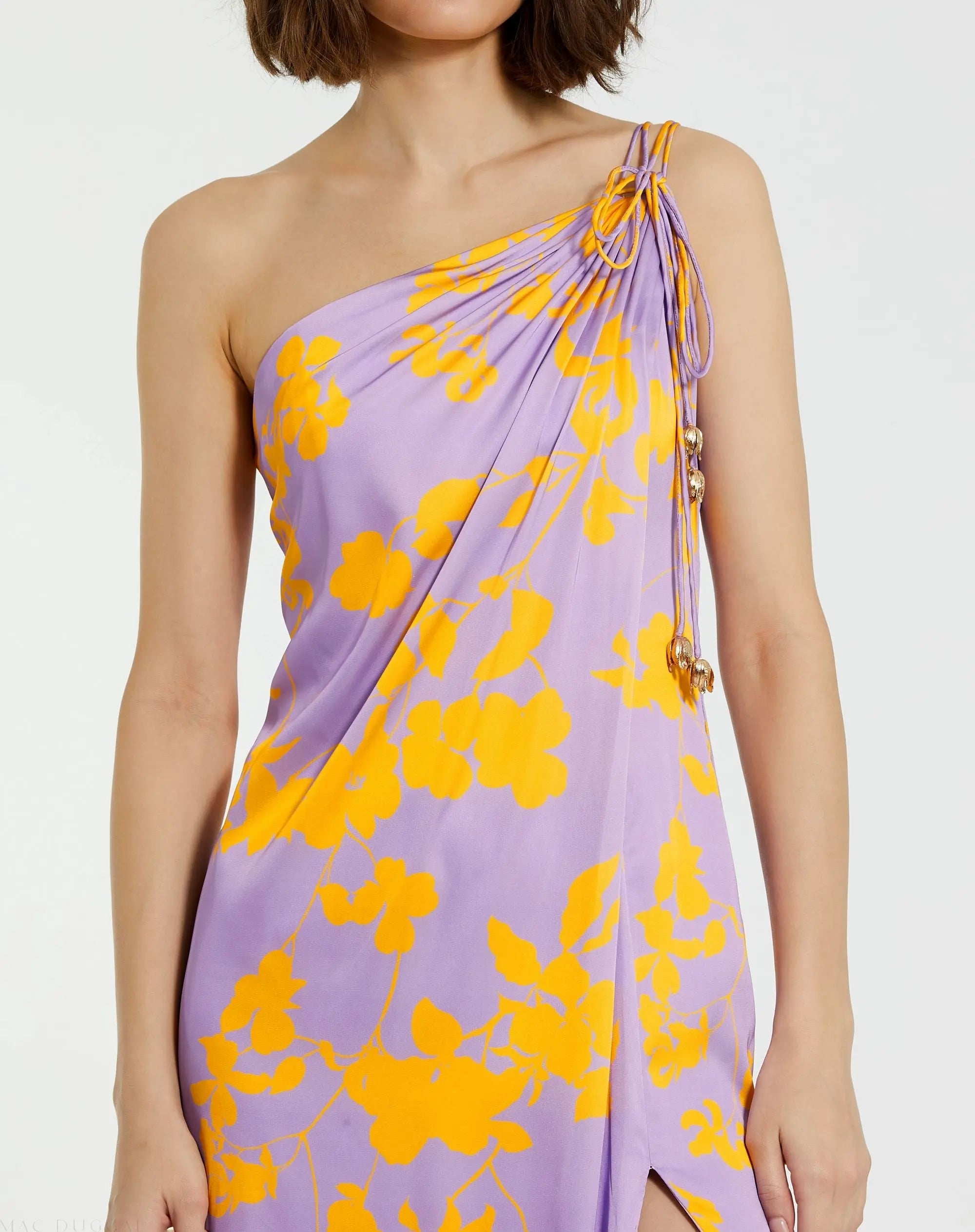Purple Orchid Floral Printed Charmeuse One Shoulder Maxi Dress With Slit-Myartka