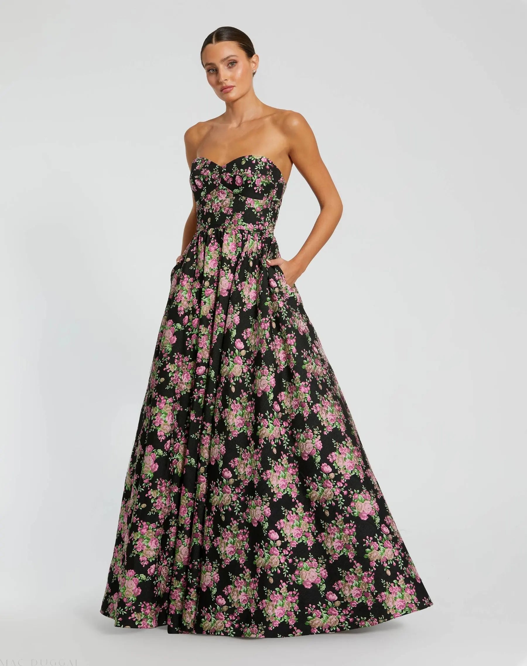Black Strapless Sweetheart Brocade Floral Ballgown-Myartka