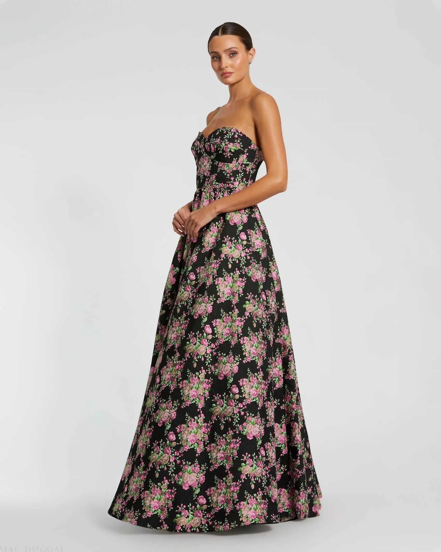 Black Strapless Sweetheart Brocade Floral Ballgown-Myartka