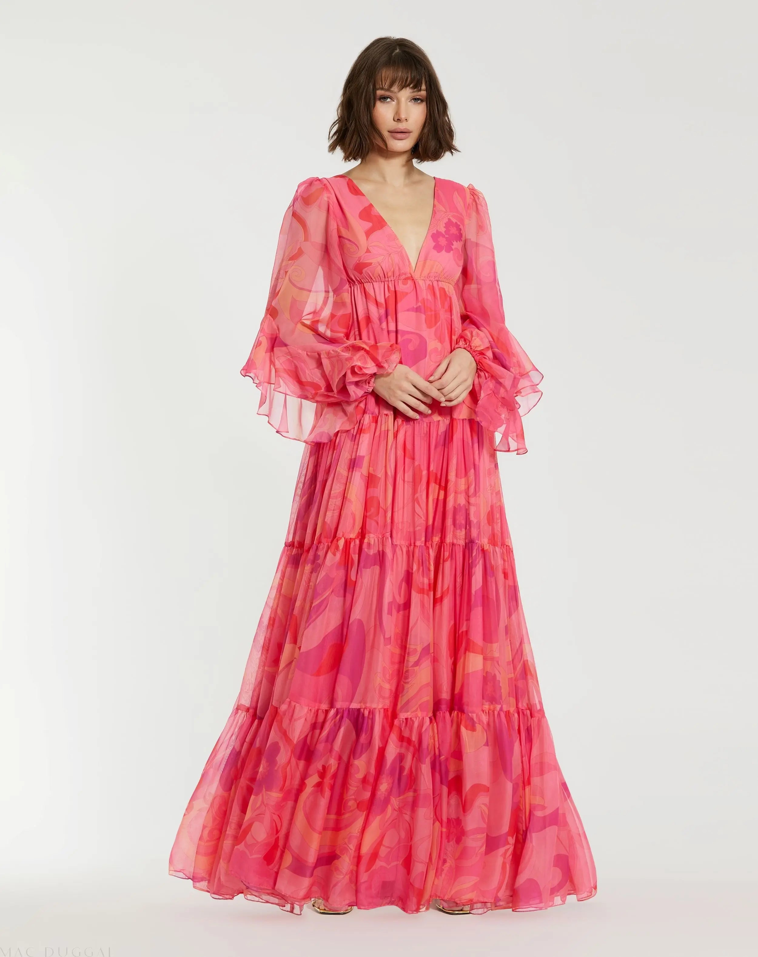Pink Hibiscus Printed Chiffon Ruffle Long Sleeve V Neck Maxi Dress-Myartka