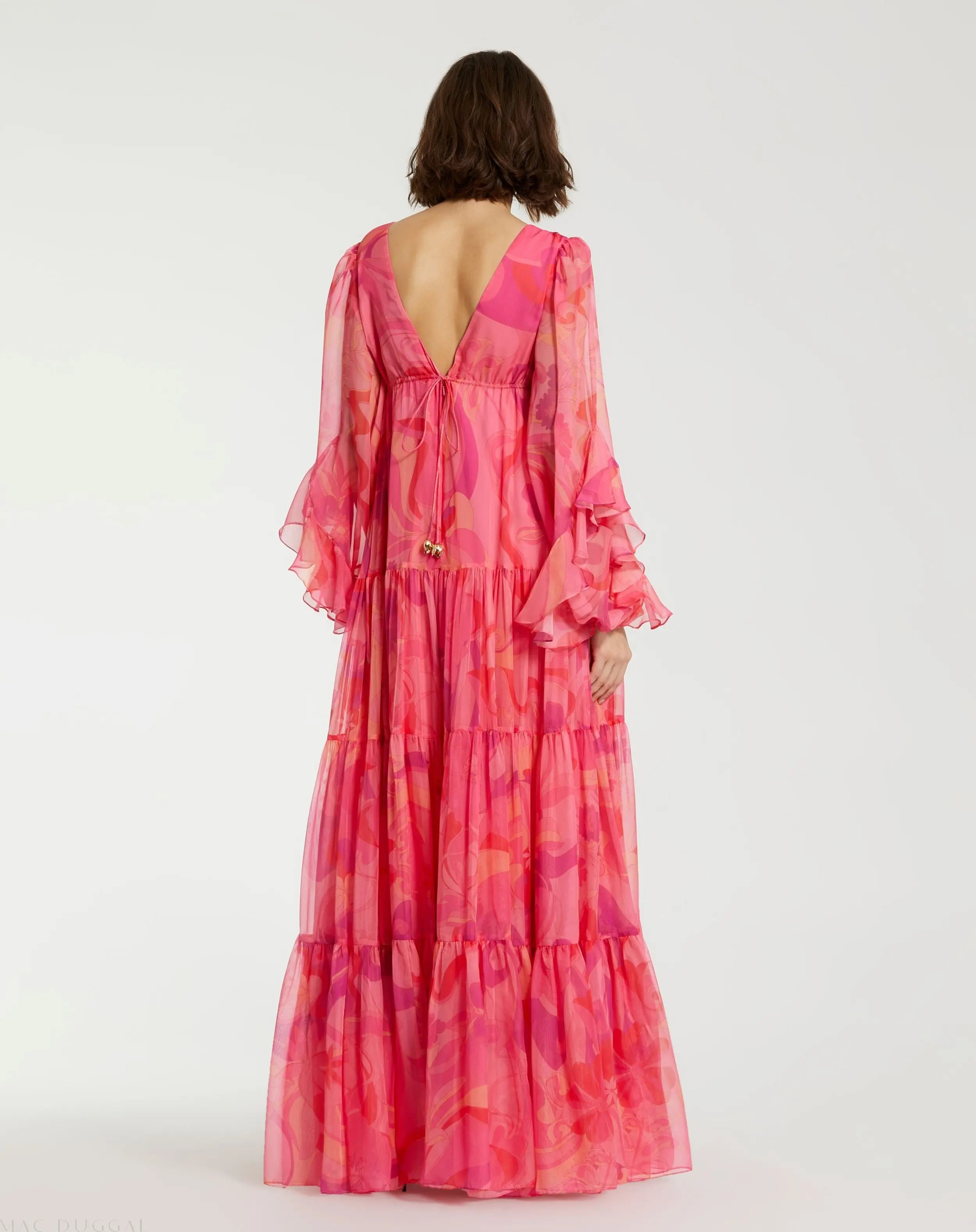 Pink Hibiscus Printed Chiffon Ruffle Long Sleeve V Neck Maxi Dress-Myartka