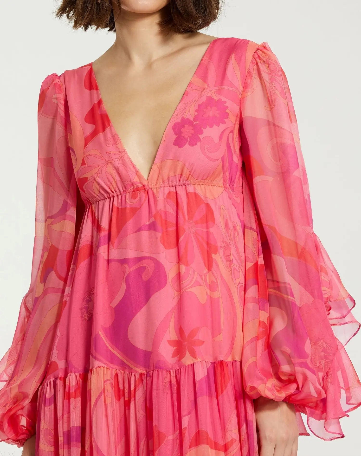 Pink Hibiscus Printed Chiffon Ruffle Long Sleeve V Neck Maxi Dress-Myartka