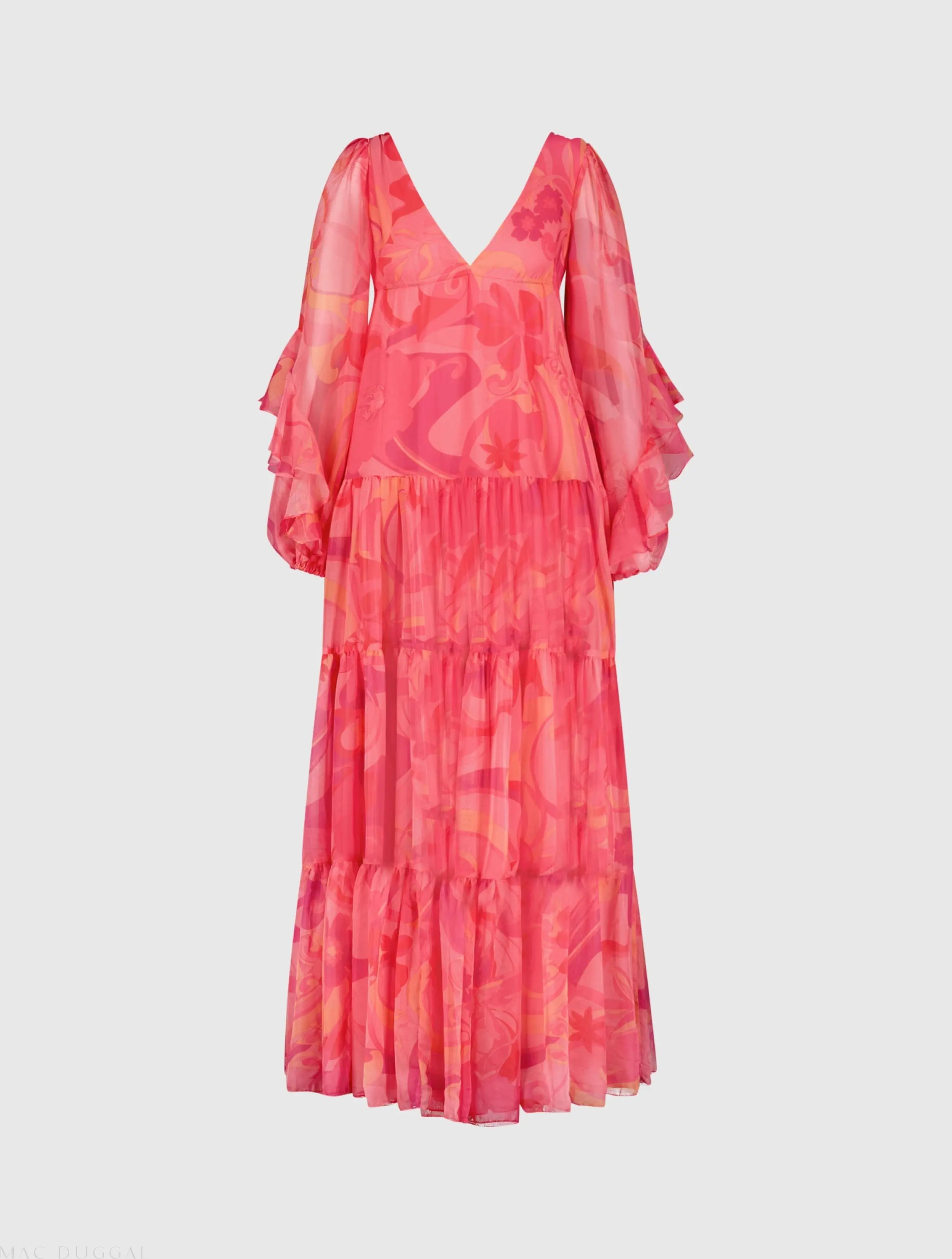 Pink Hibiscus Printed Chiffon Ruffle Long Sleeve V Neck Maxi Dress-Myartka