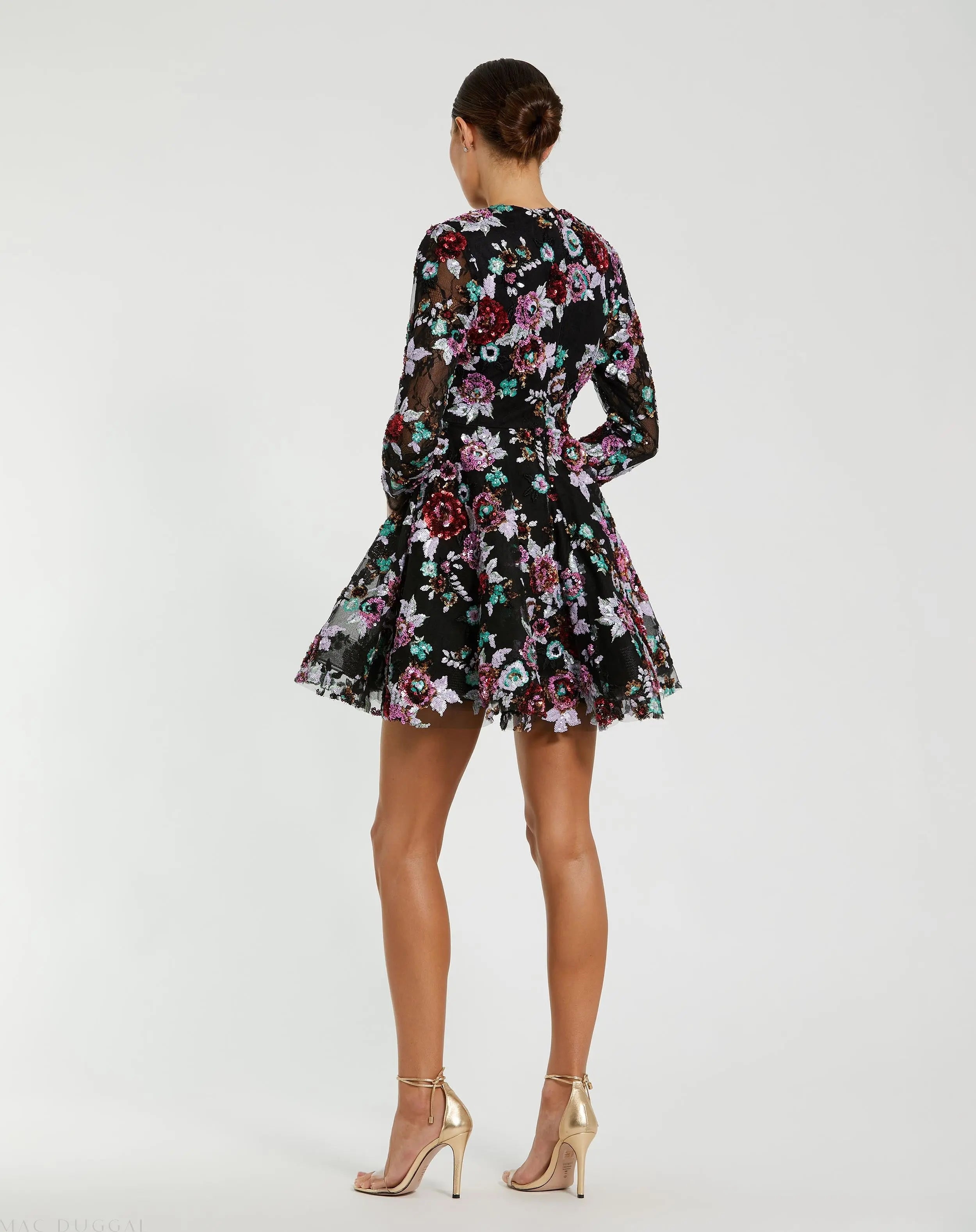 Black High Neck Long Sleeve Sequin A Line Mini Dress-Myartka