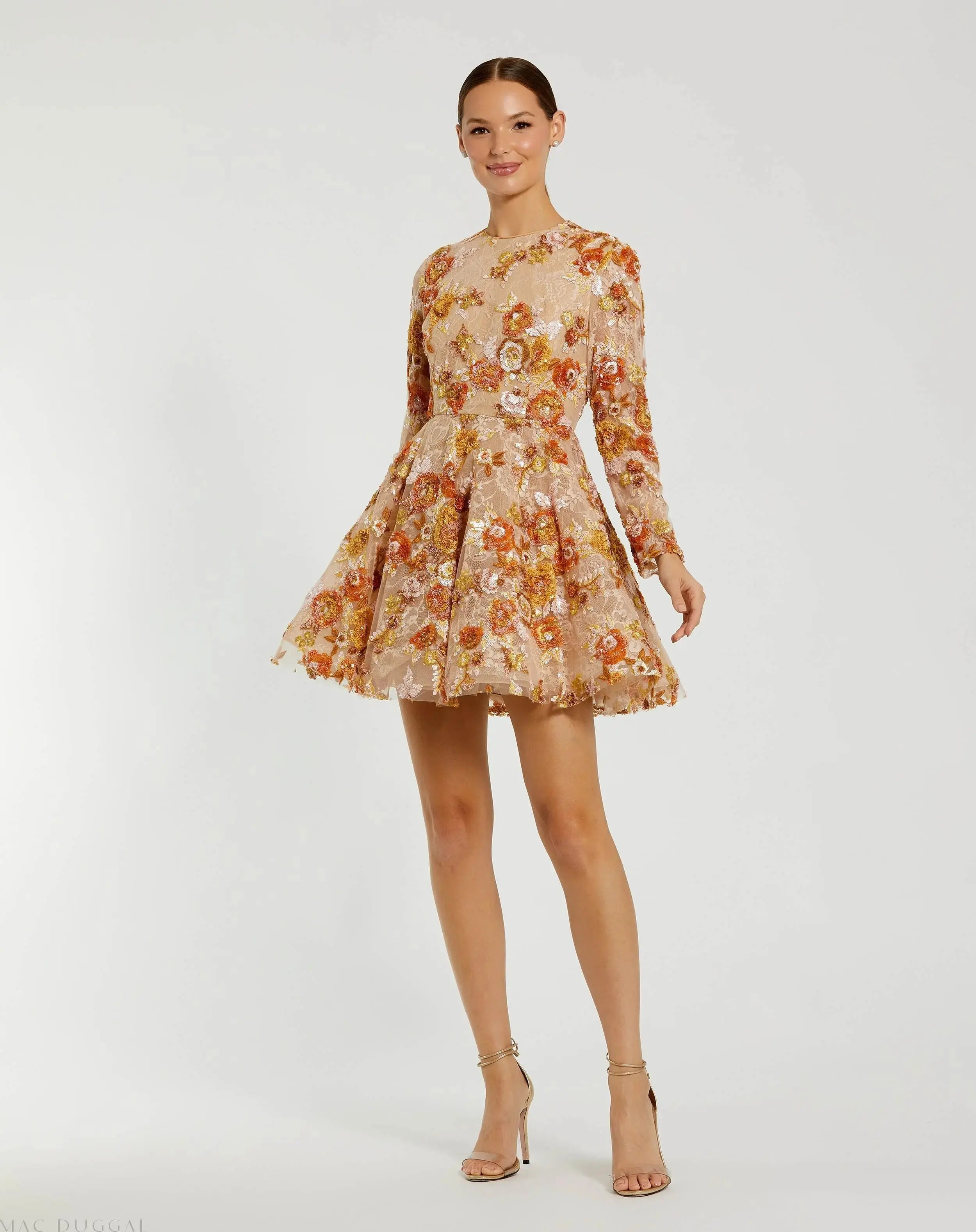 Beige High Neck Long Sleeve Sequin A Line Mini Dress-Myartka