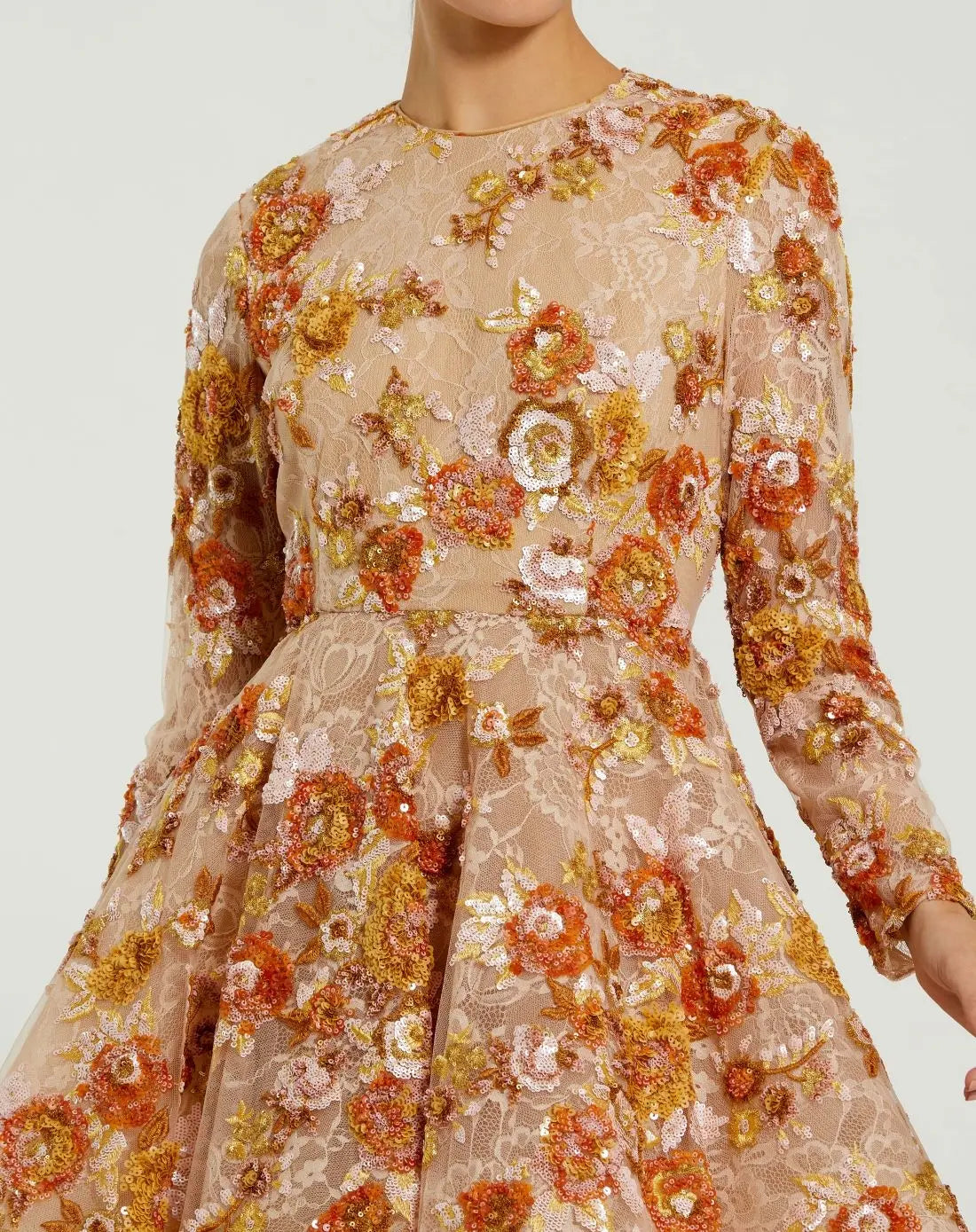 Beige High Neck Long Sleeve Sequin A Line Mini Dress-Myartka