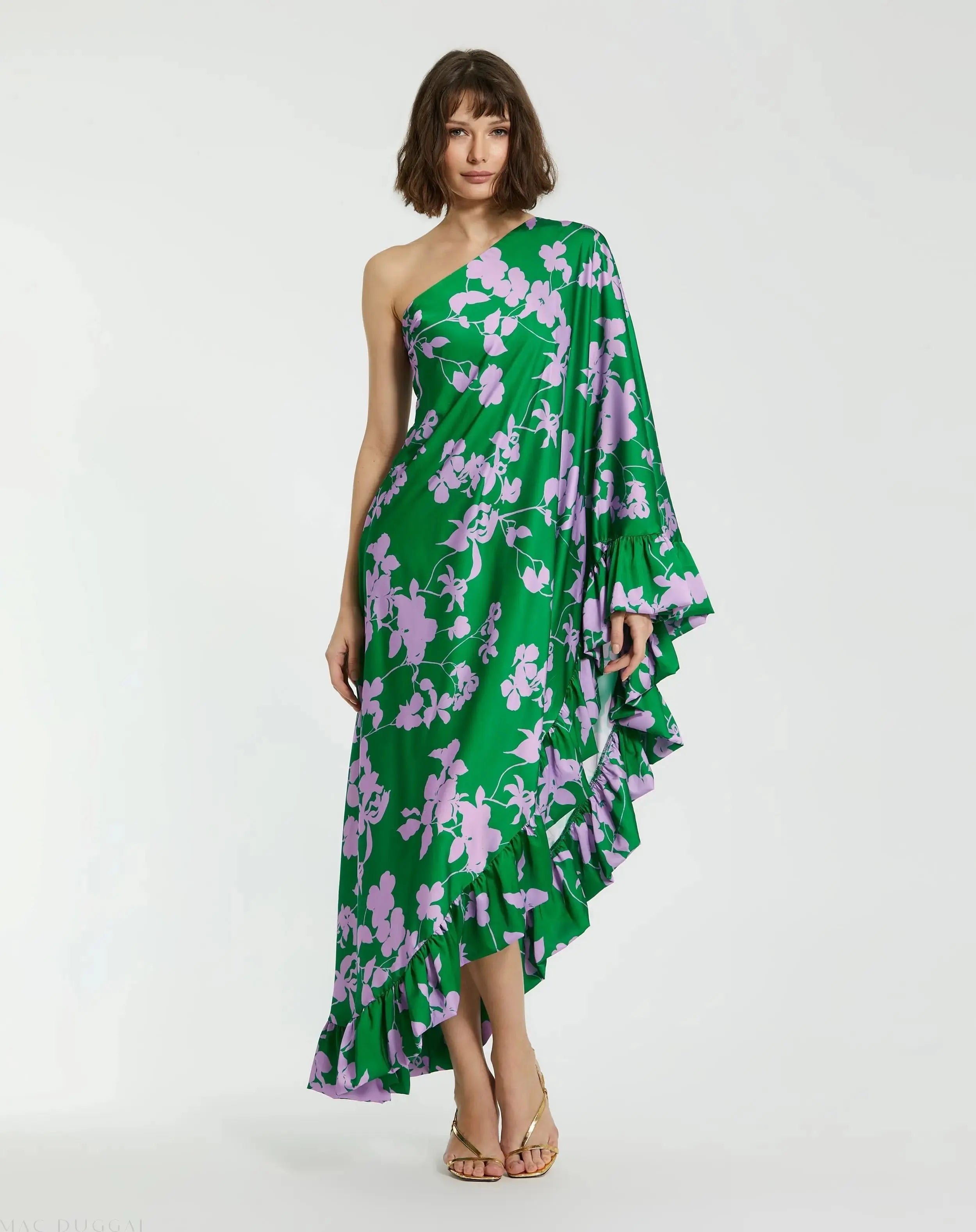 Green Printed Charmeuse One Shoulder Draped Gown-Myartka