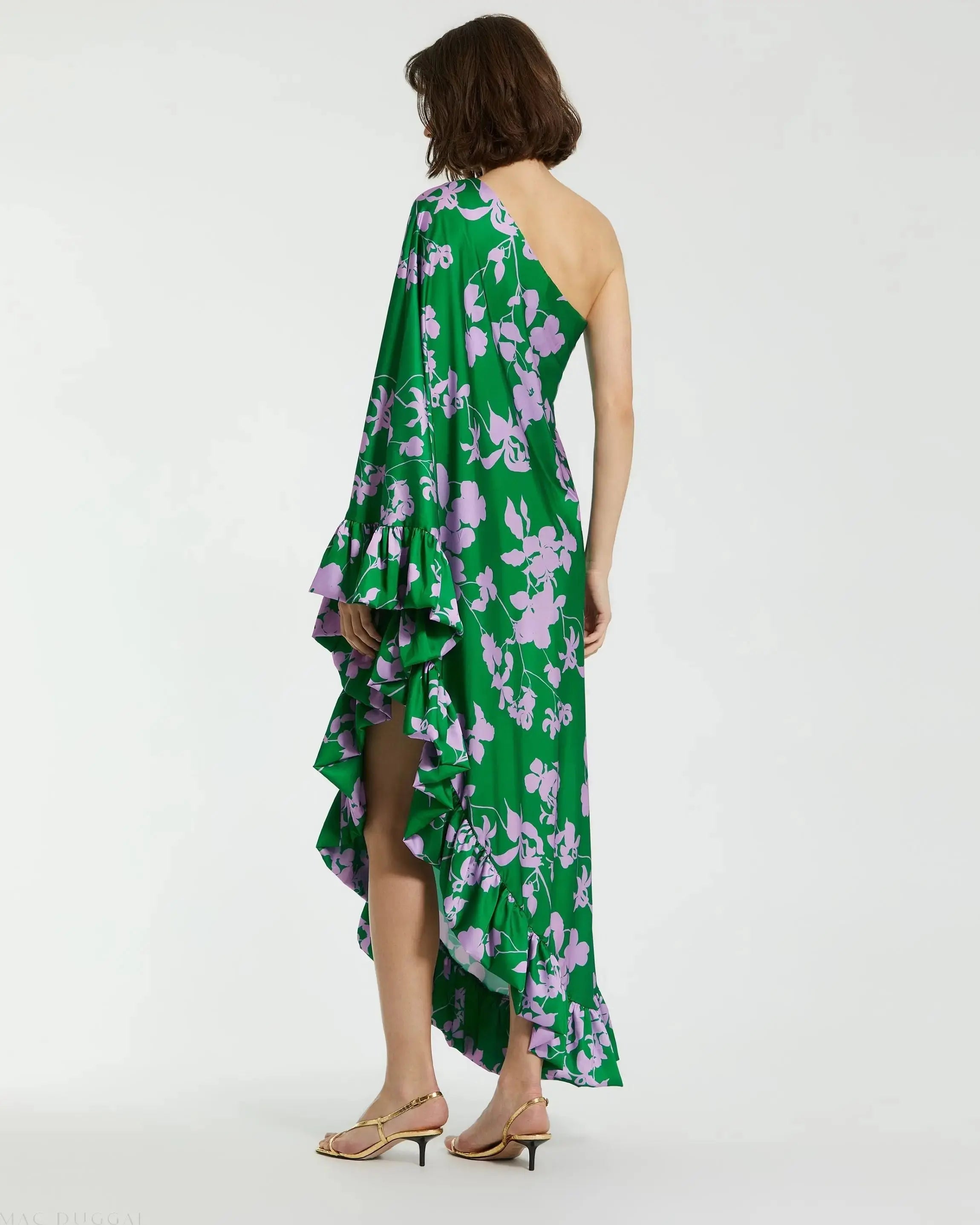 Green Printed Charmeuse One Shoulder Draped Gown-Myartka