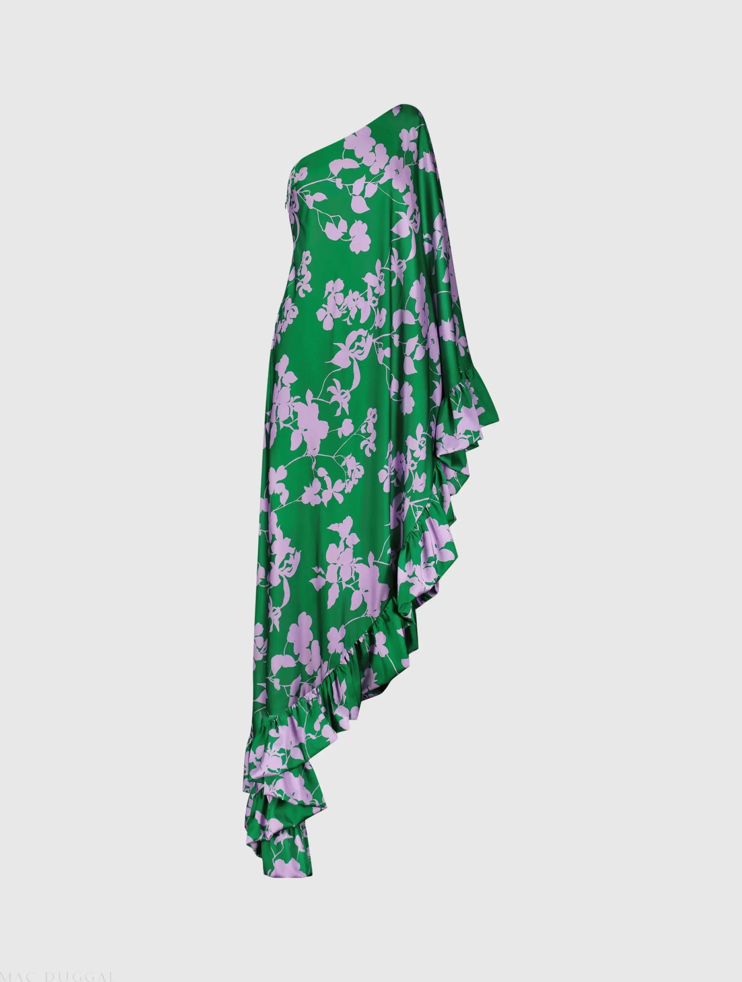Green Printed Charmeuse One Shoulder Draped Gown-Myartka
