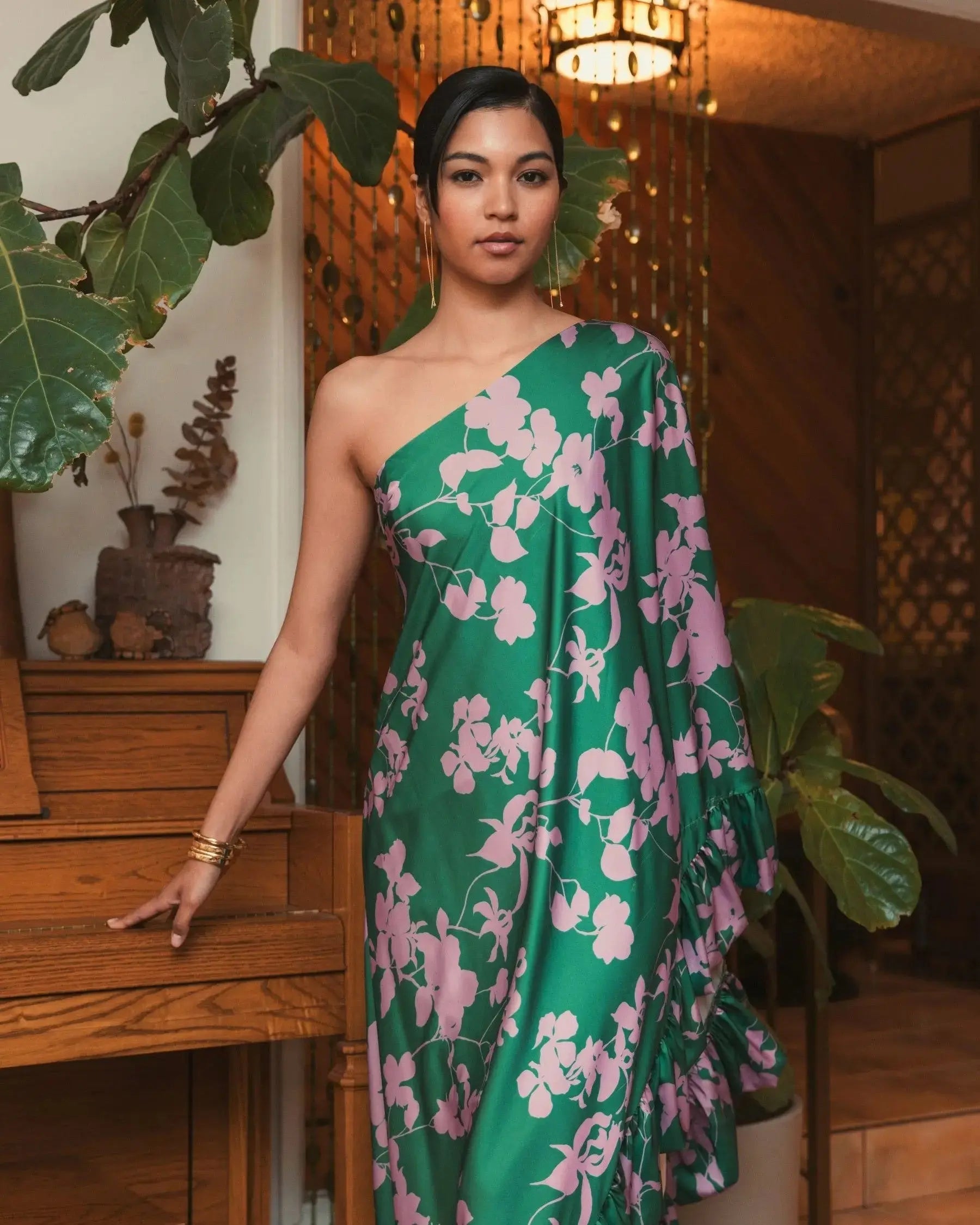 Green Printed Charmeuse One Shoulder Draped Gown-Myartka