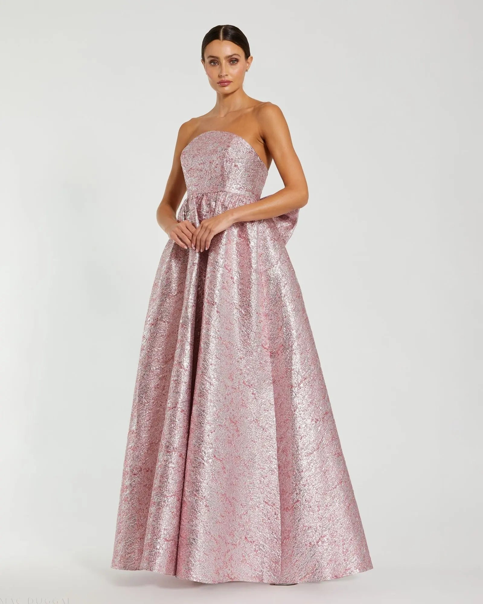 Pink Metallic Strapless Brocade Gown With Oversized Bow-Myartka