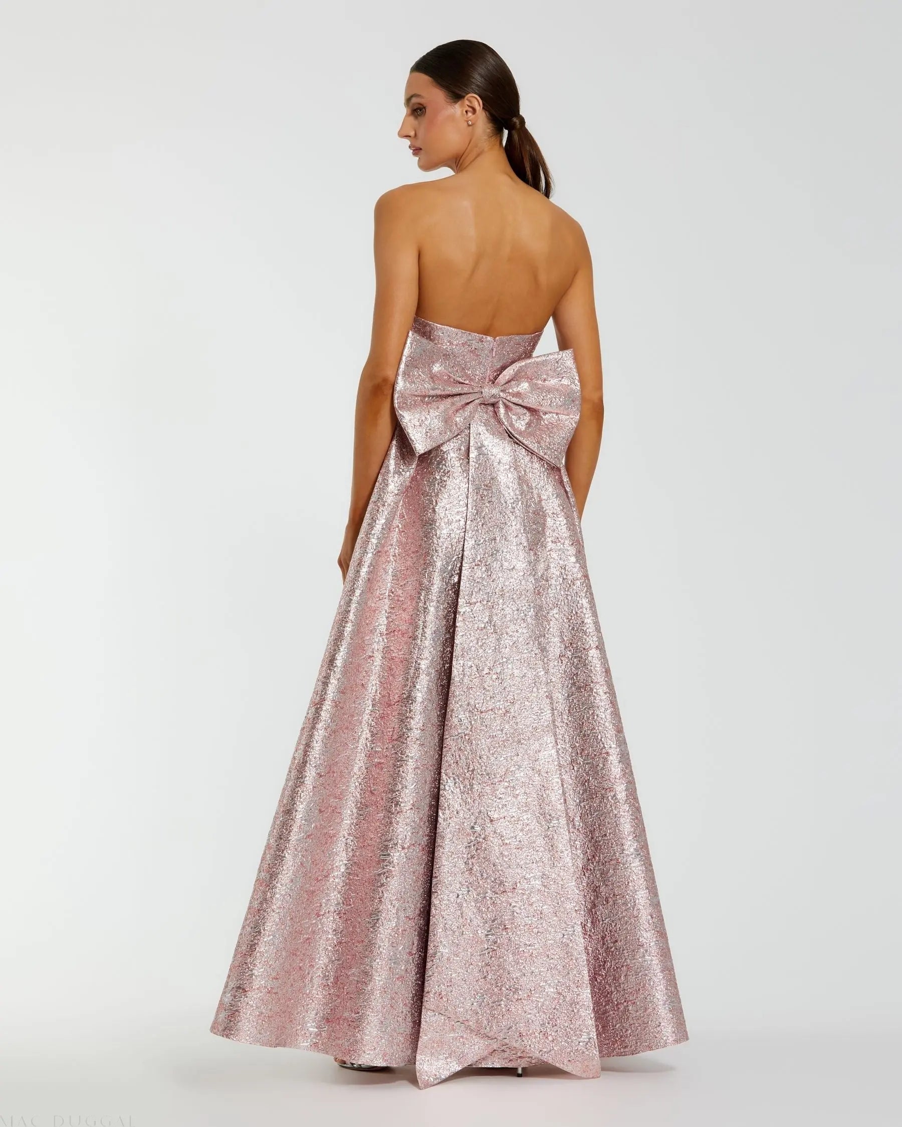 Pink Metallic Strapless Brocade Gown With Oversized Bow-Myartka