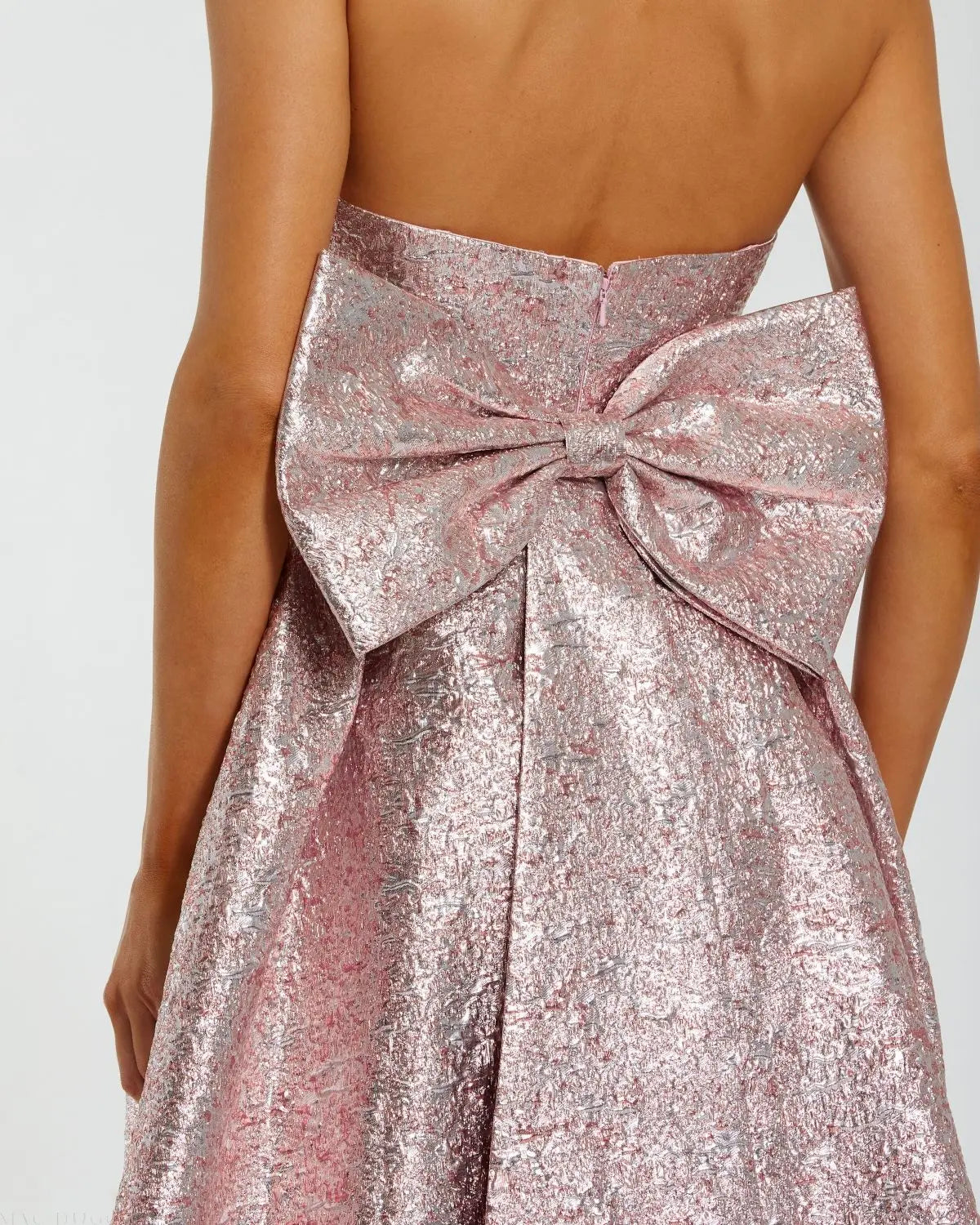 Pink Metallic Strapless Brocade Gown With Oversized Bow-Myartka