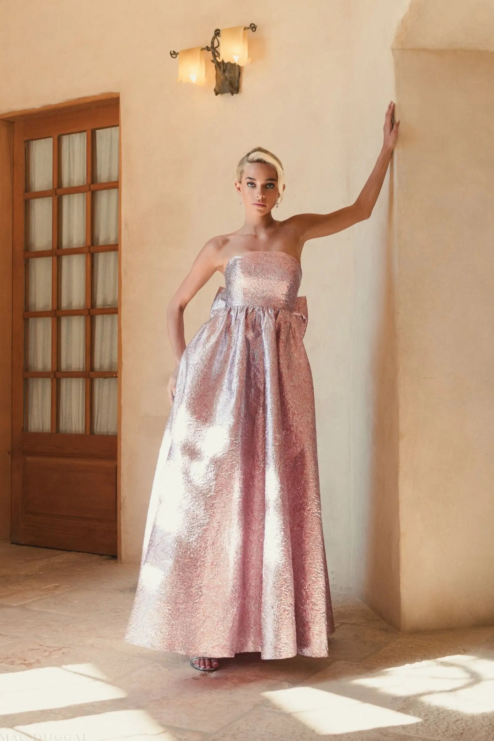 Pink Metallic Strapless Brocade Gown With Oversized Bow-Myartka