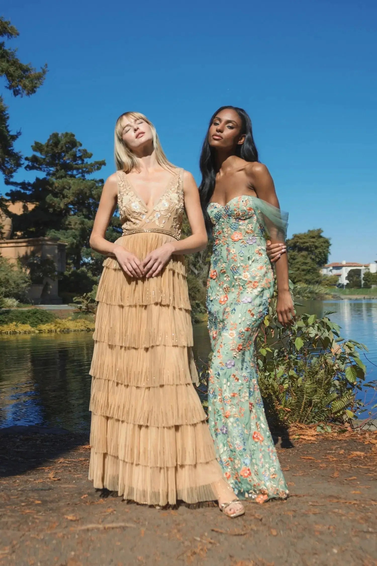 Beige Beaded Mesh V Neck Gown With Tiered Ruffles-Myartka