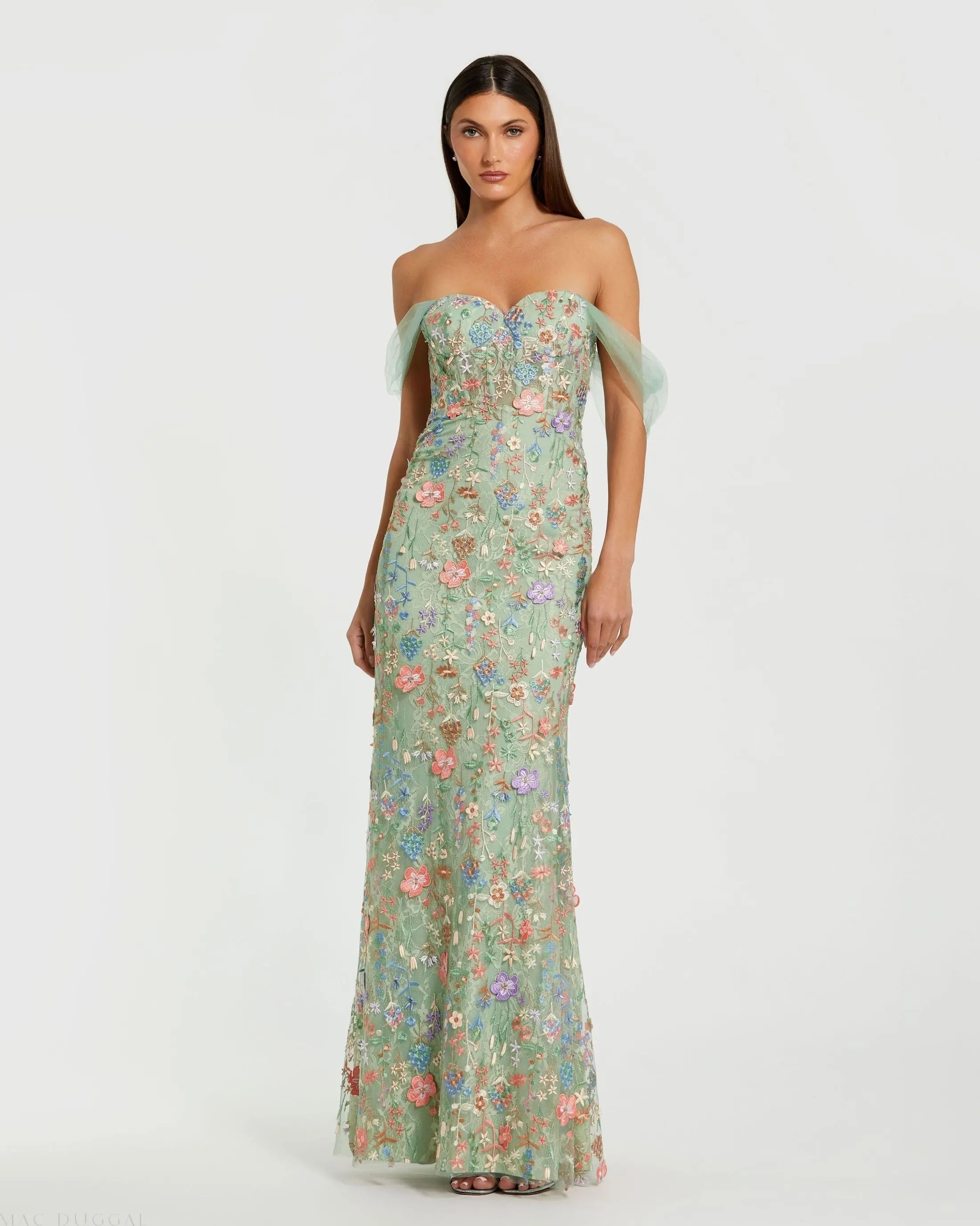 Green Off-the-Shoulder Bustier Floral Column Gown-Myartka