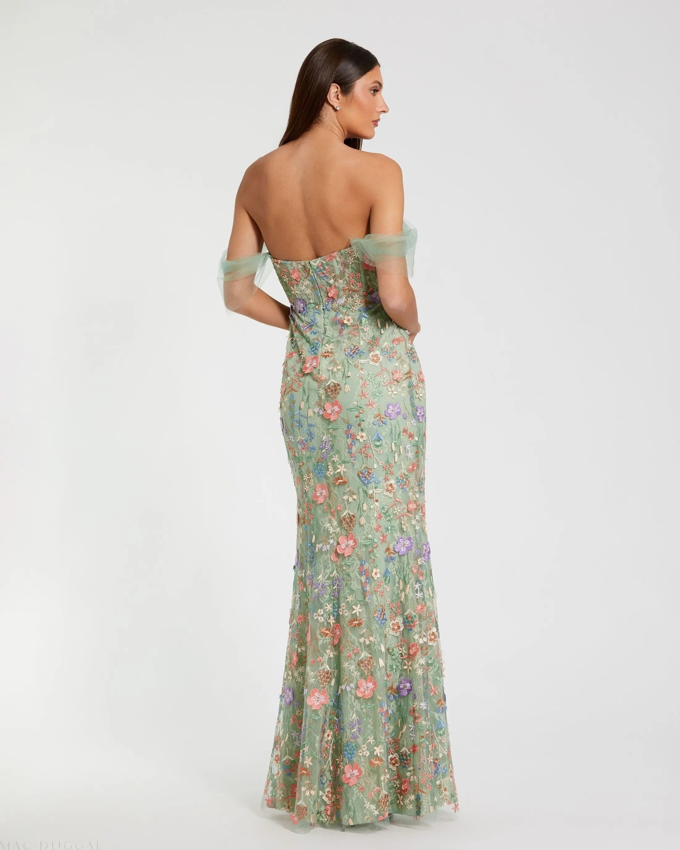 Green Off-the-Shoulder Bustier Floral Column Gown-Myartka