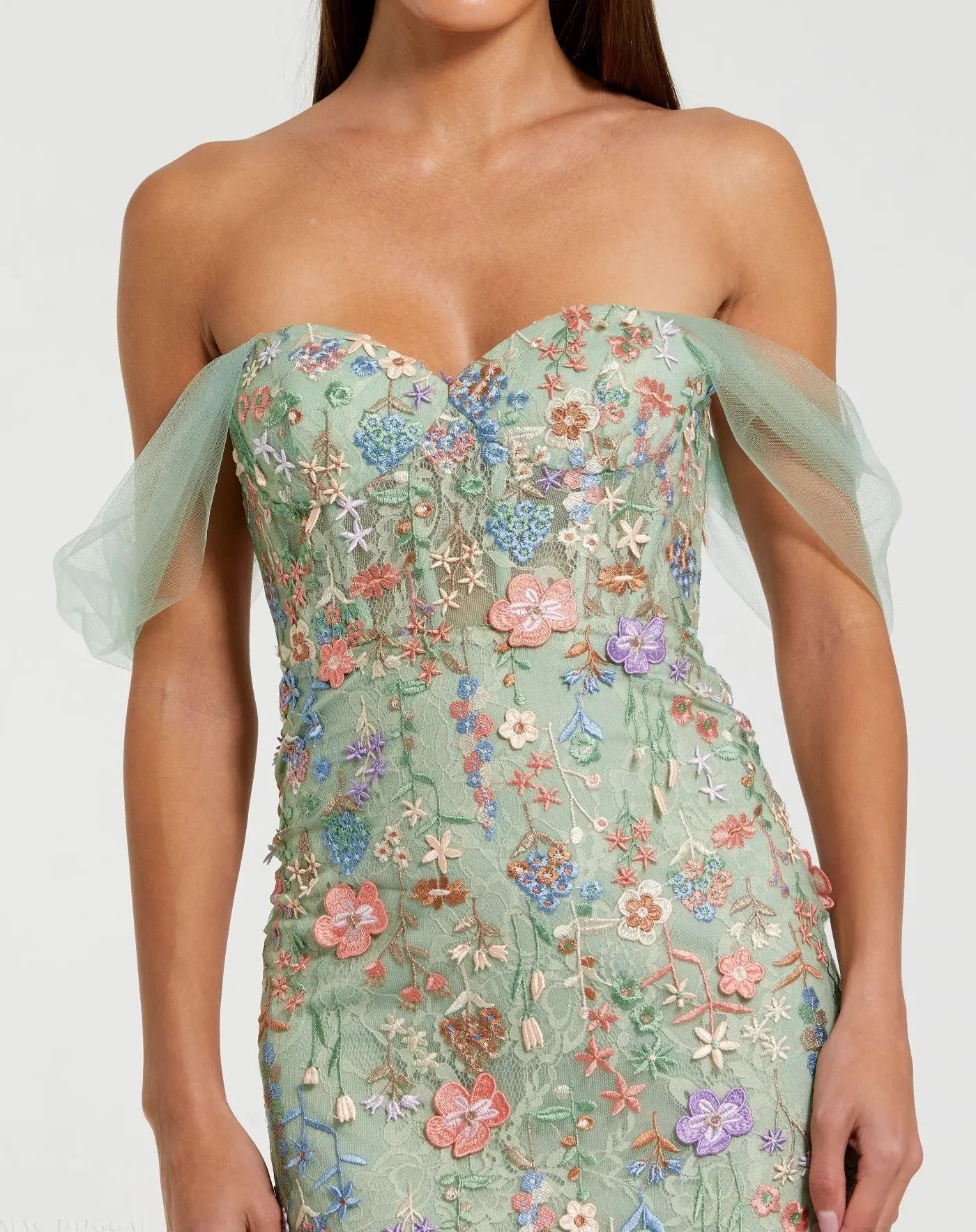 Green Off-the-Shoulder Bustier Floral Column Gown-Myartka