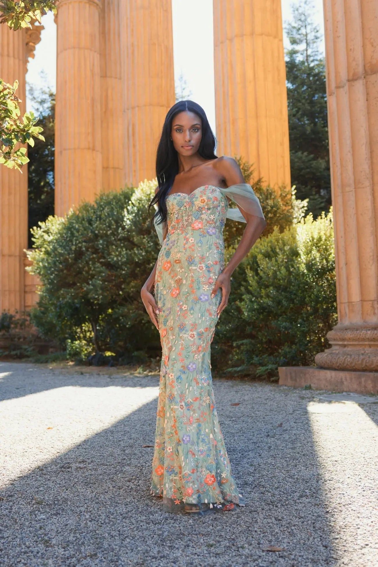 Green Off-the-Shoulder Bustier Floral Column Gown-Myartka