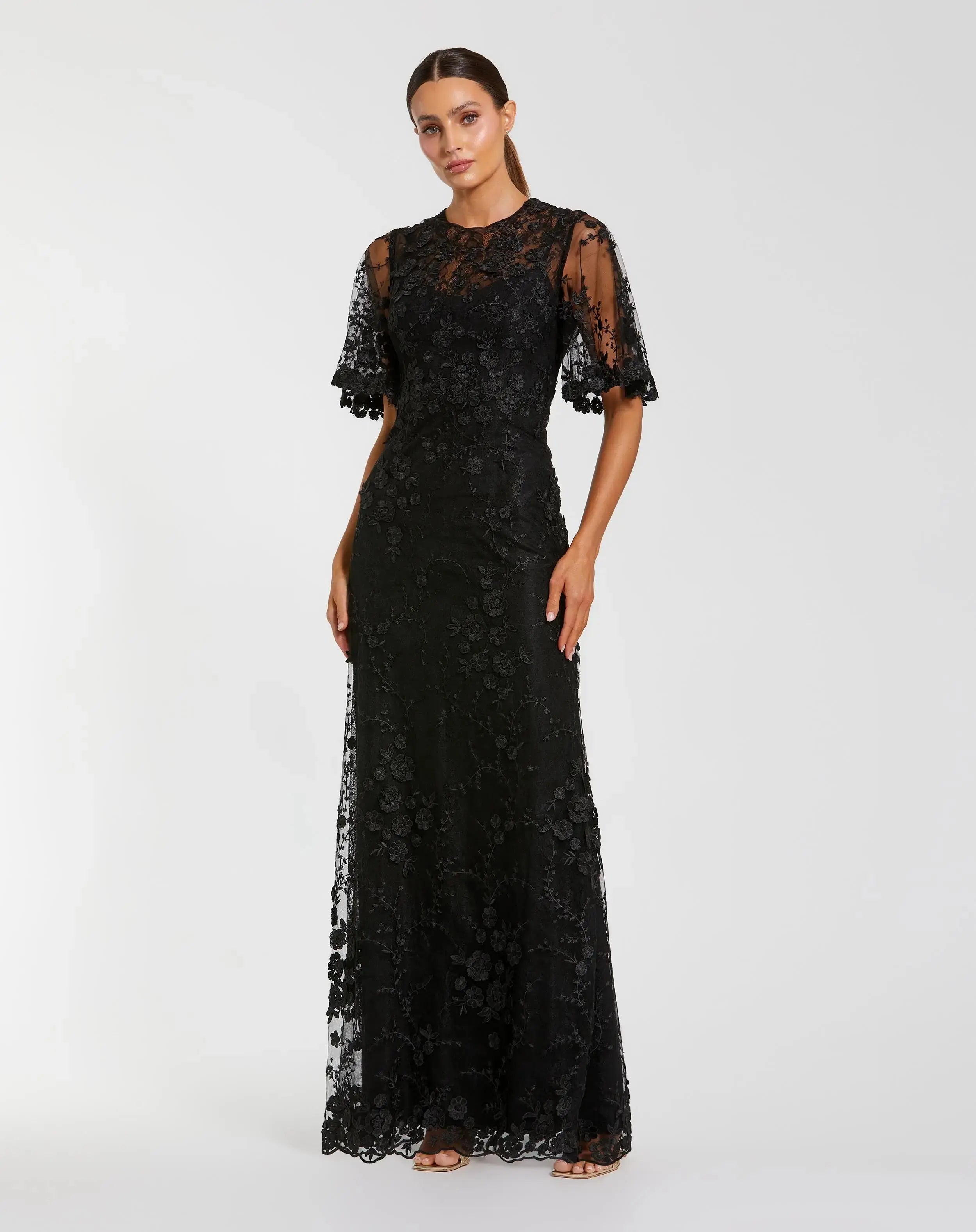Black Flutter Sleeve Floral Embroidered Net Gown-Myartka