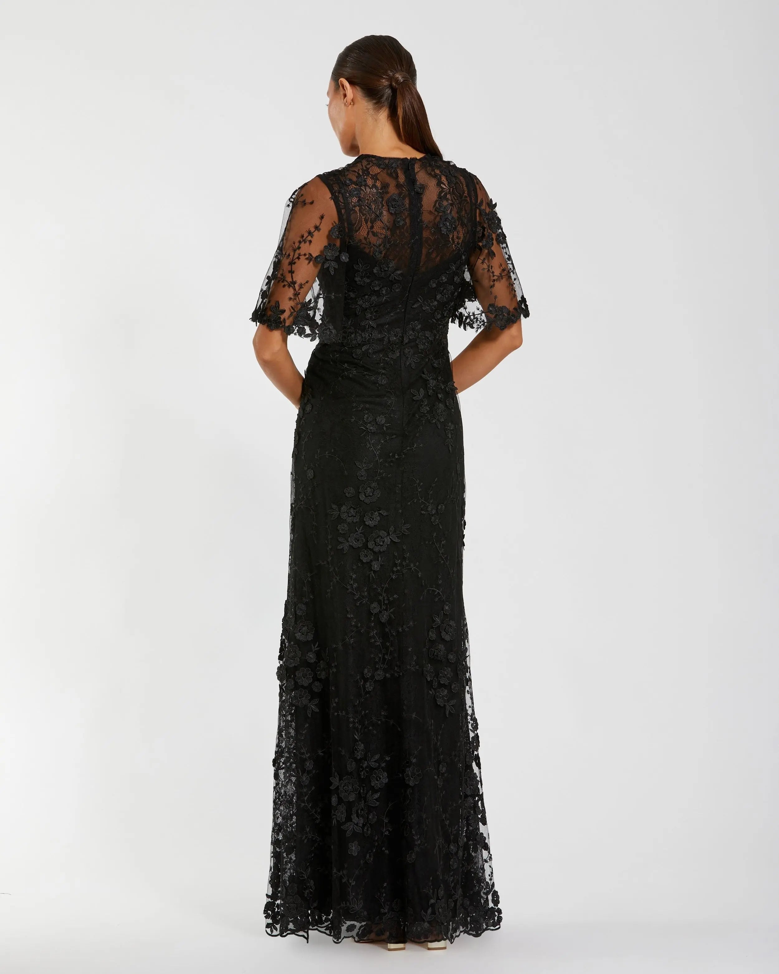 Black Flutter Sleeve Floral Embroidered Net Gown-Myartka