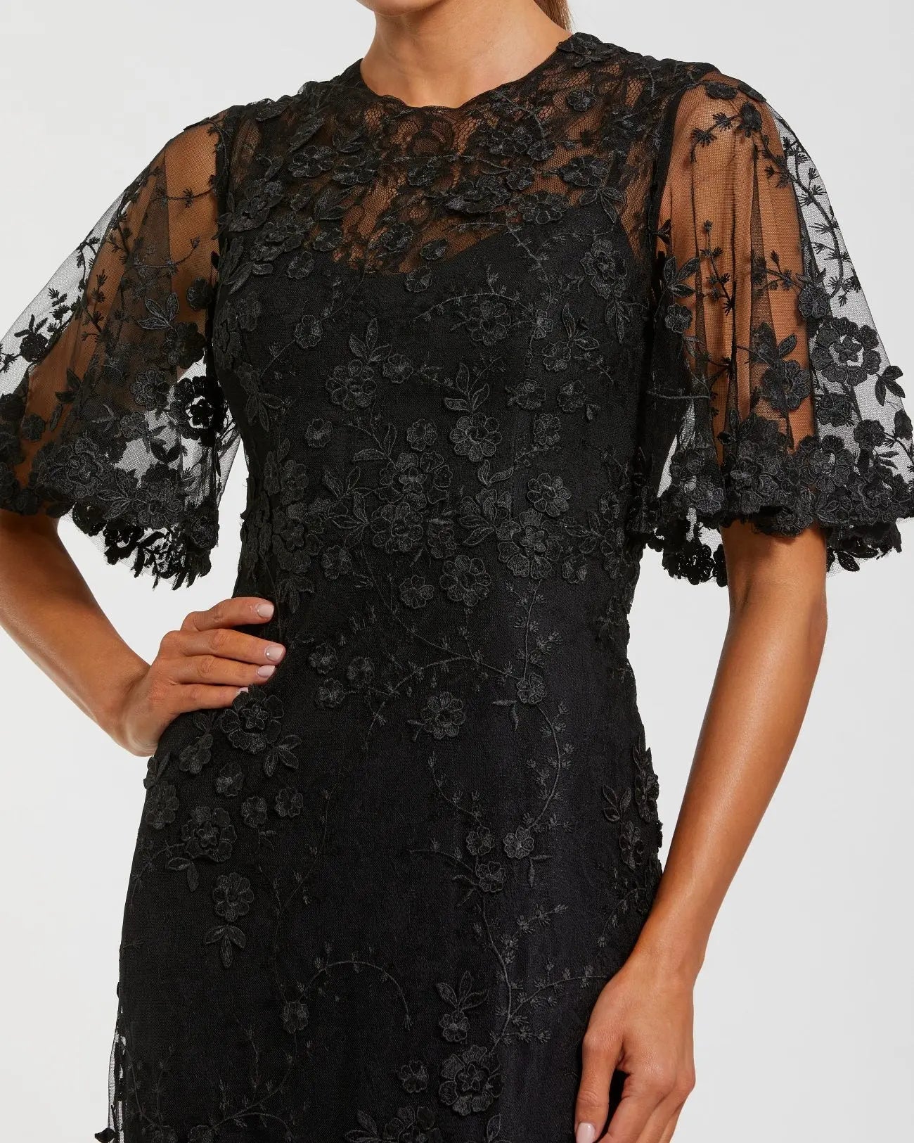Black Flutter Sleeve Floral Embroidered Net Gown-Myartka