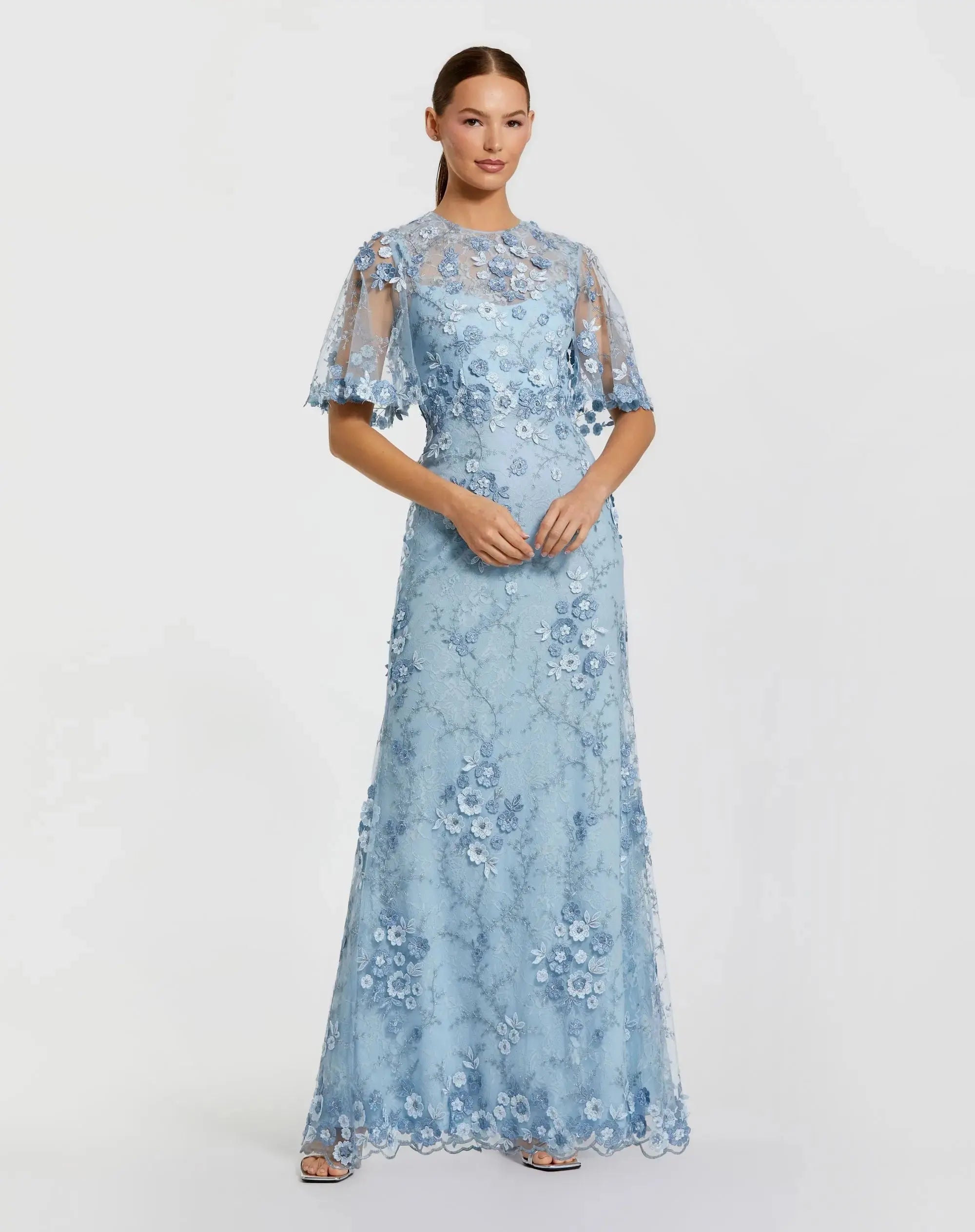 Blue Flutter Sleeve Floral Embroidered Net Gown-Myartka