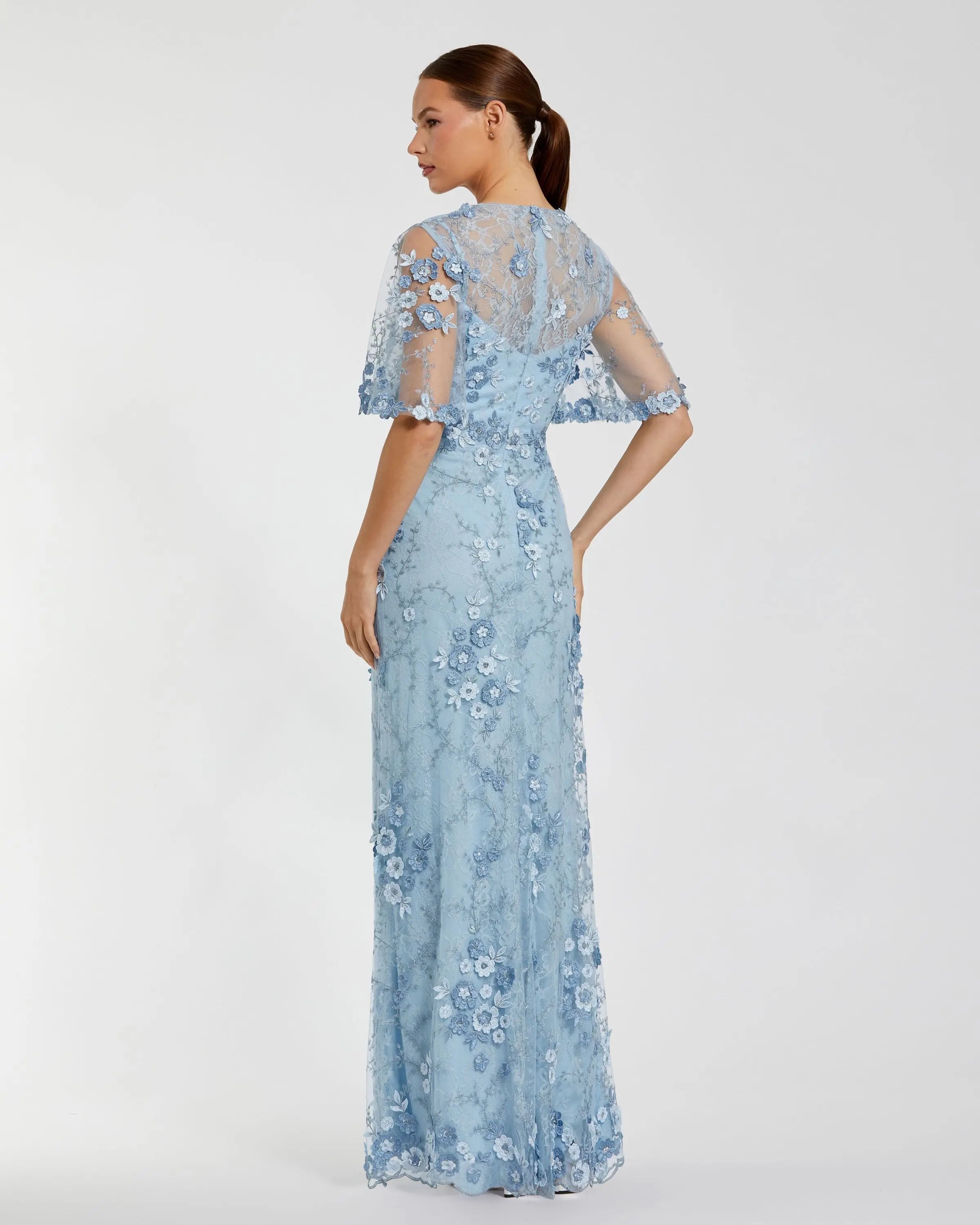 Blue Flutter Sleeve Floral Embroidered Net Gown-Myartka