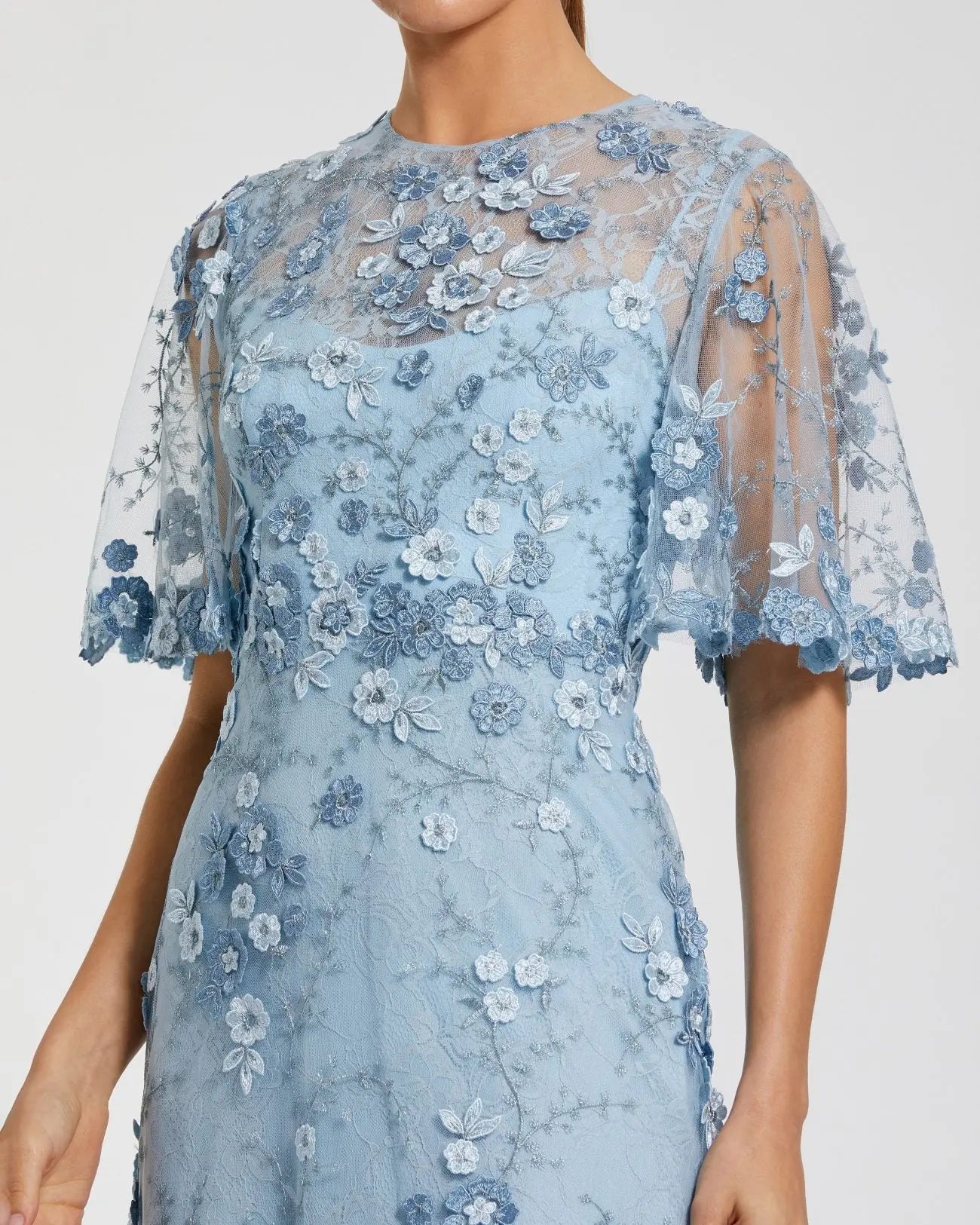 Blue Flutter Sleeve Floral Embroidered Net Gown-Myartka