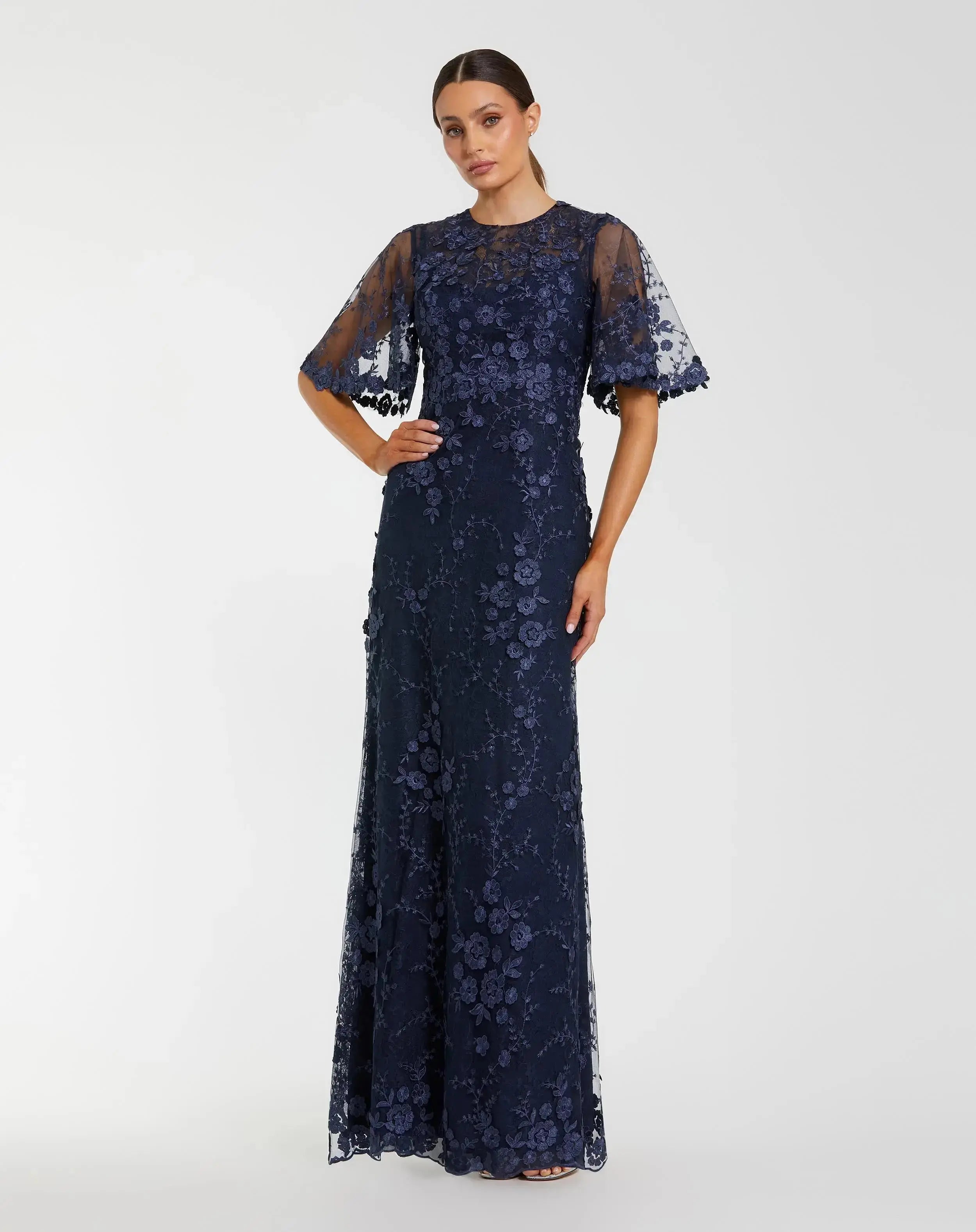 Navy Flutter Sleeve Floral Embroidered Net Gown-Myartka