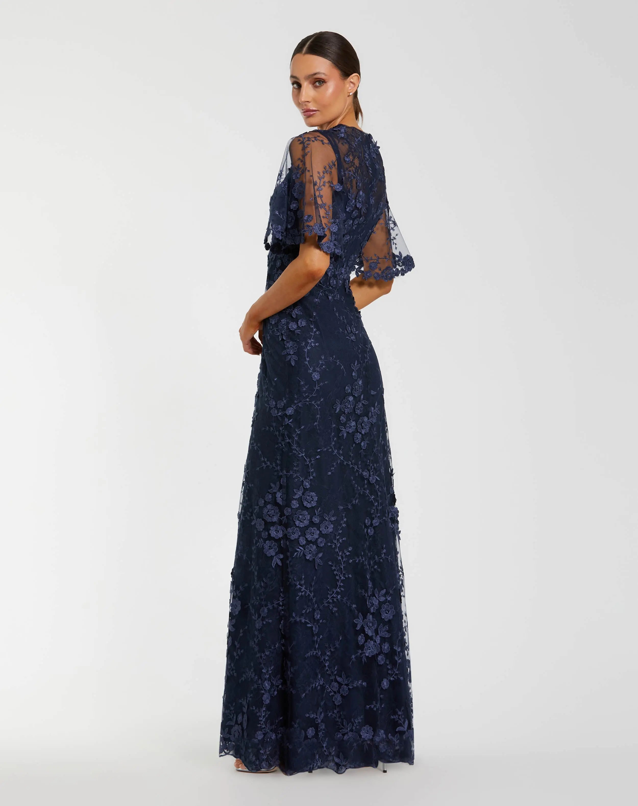 Navy Flutter Sleeve Floral Embroidered Net Gown-Myartka