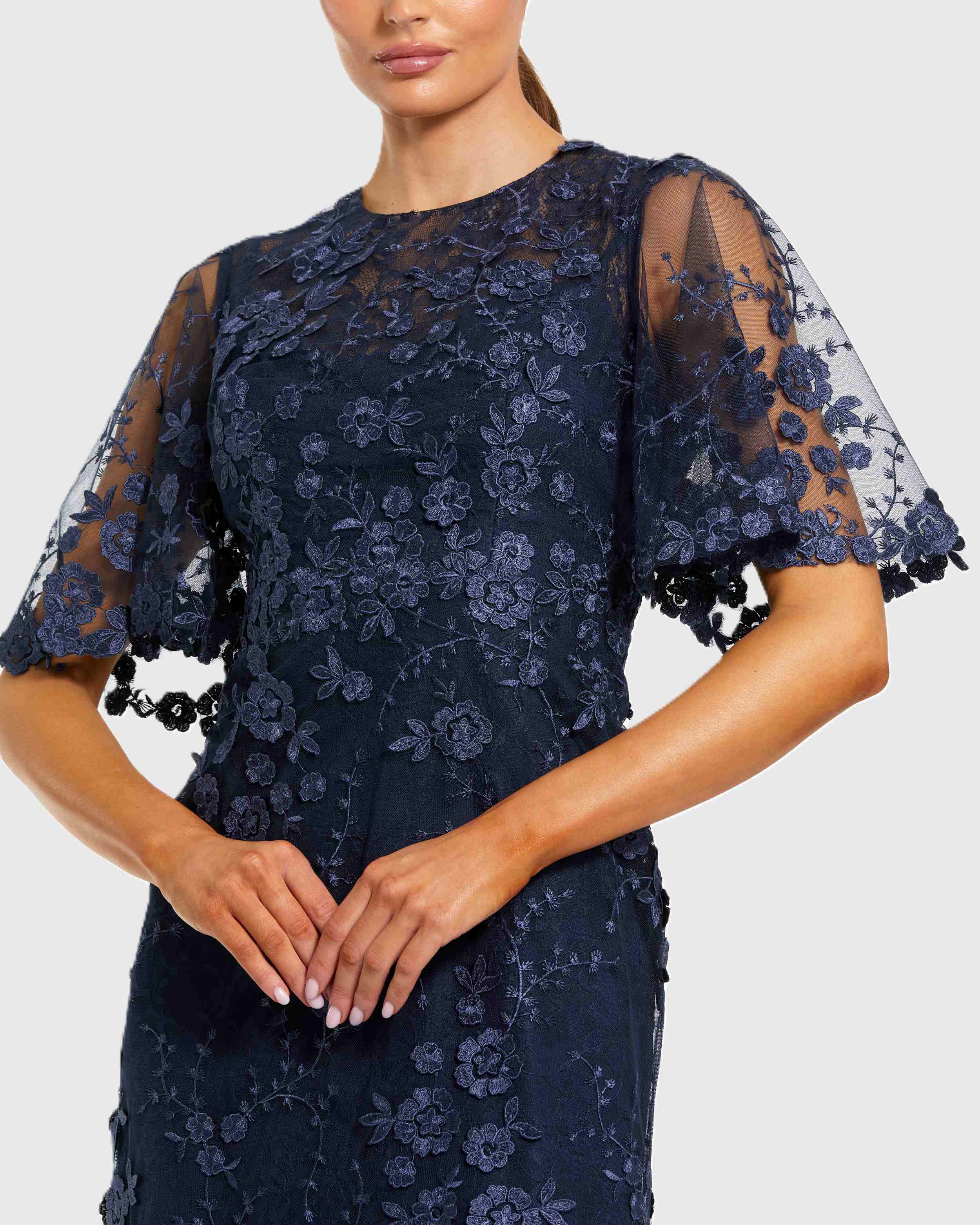 Navy Flutter Sleeve Floral Embroidered Net Gown-Myartka