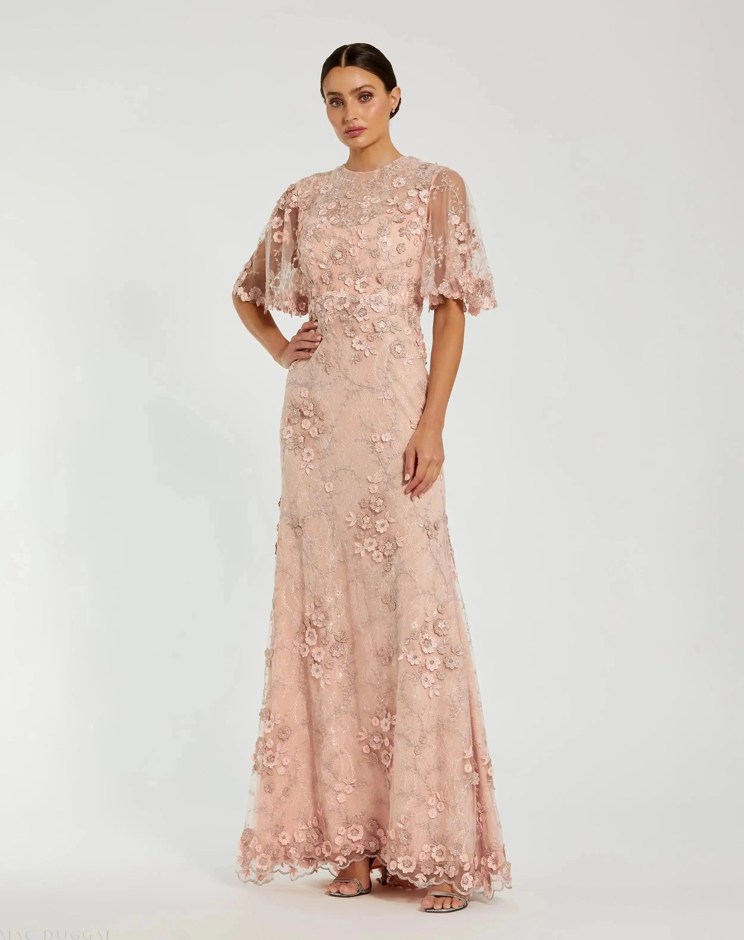 Petite Pink Flutter Sleeve Floral Embroidered Net Gown-Myartka