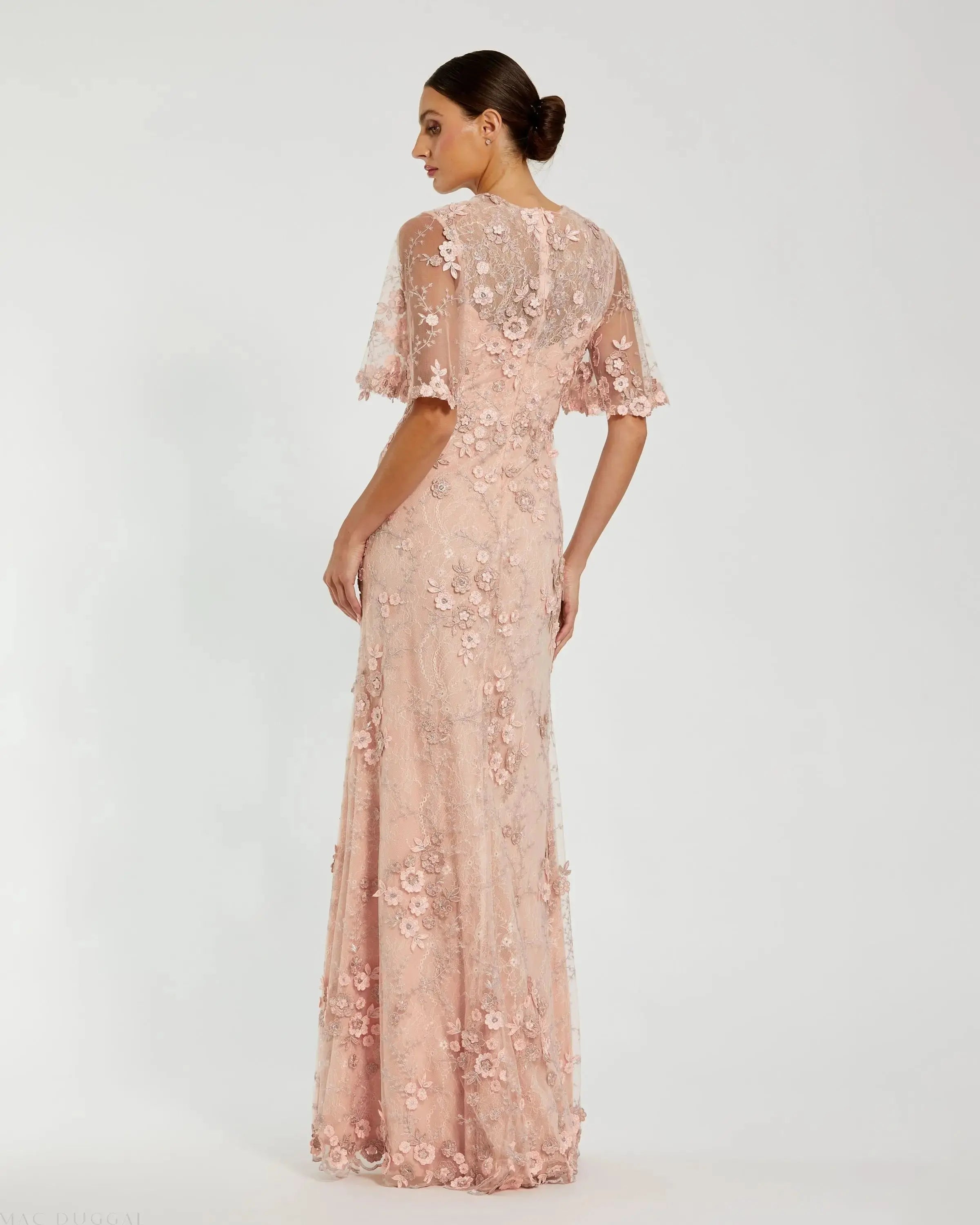 Petite Pink Flutter Sleeve Floral Embroidered Net Gown-Myartka