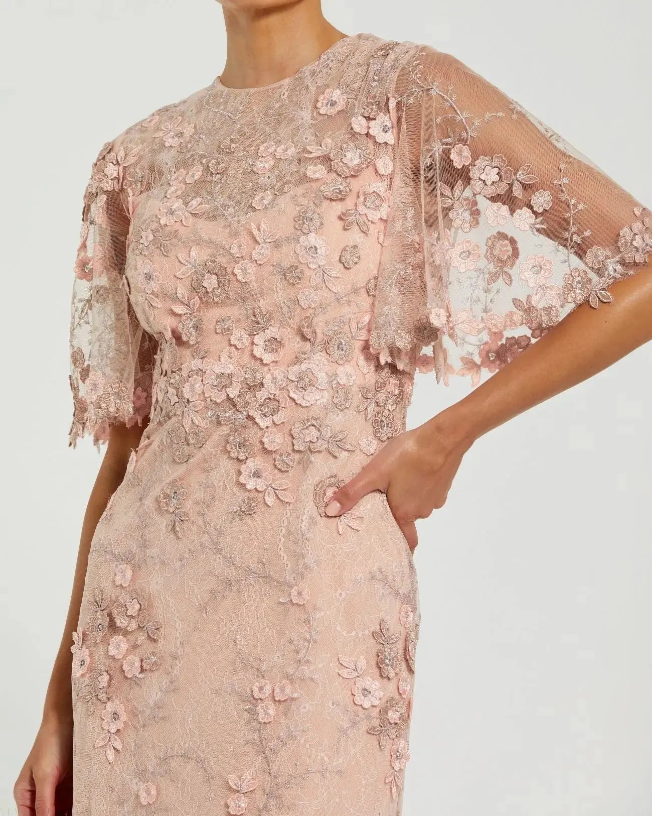 Petite Pink Flutter Sleeve Floral Embroidered Net Gown-Myartka