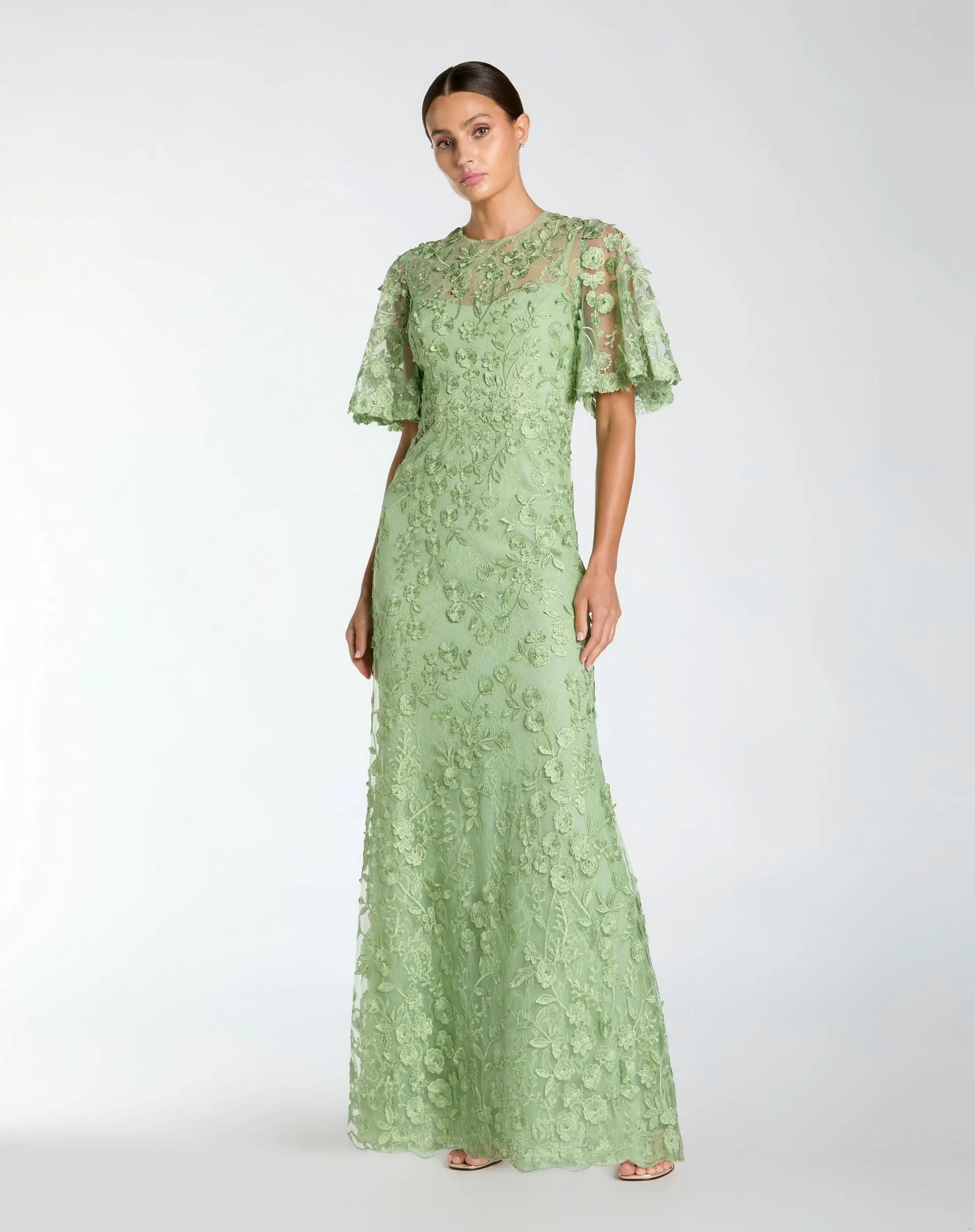 Green Flutter Sleeve Floral Embroidered Net Gown-Myartka