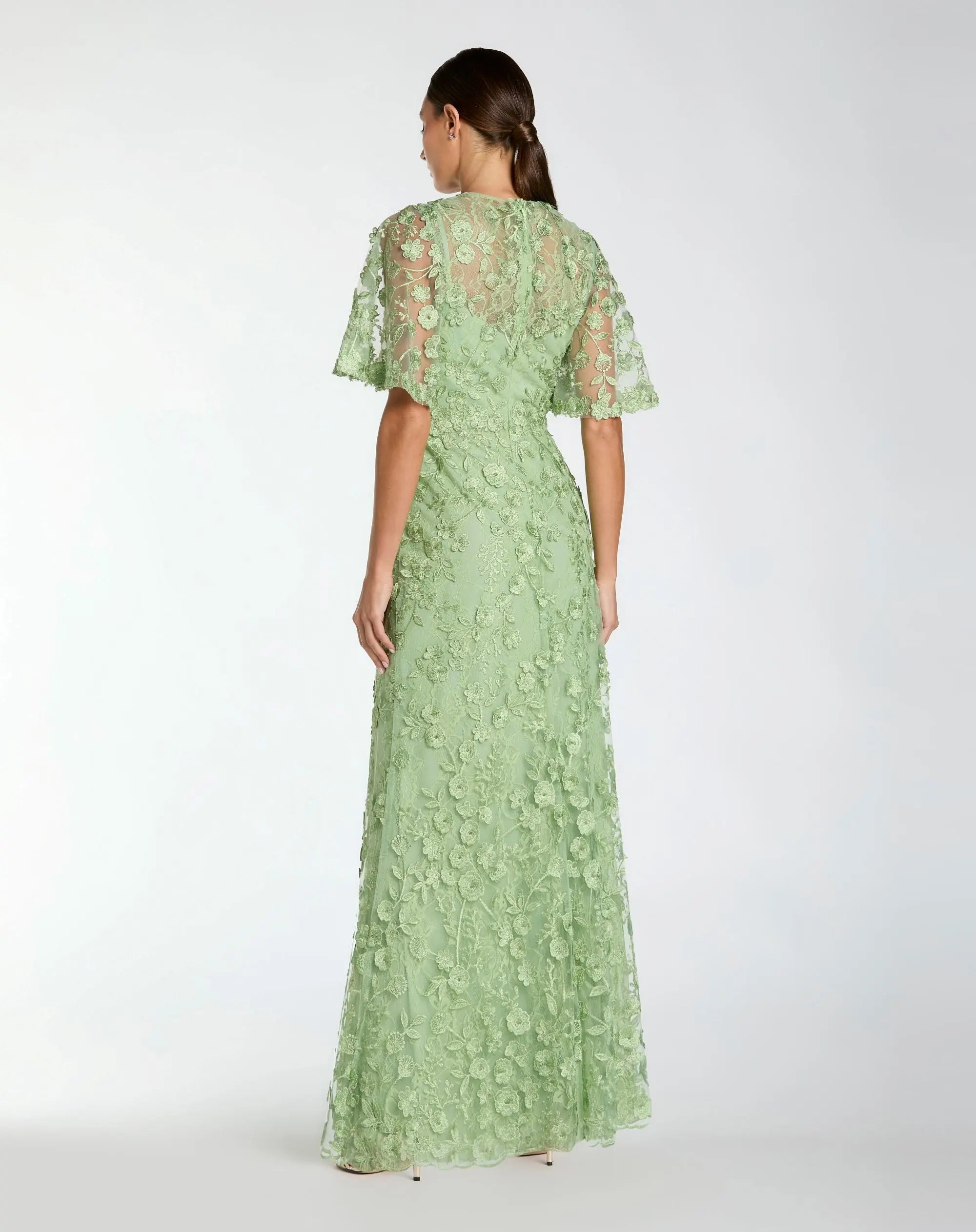 Green Flutter Sleeve Floral Embroidered Net Gown-Myartka