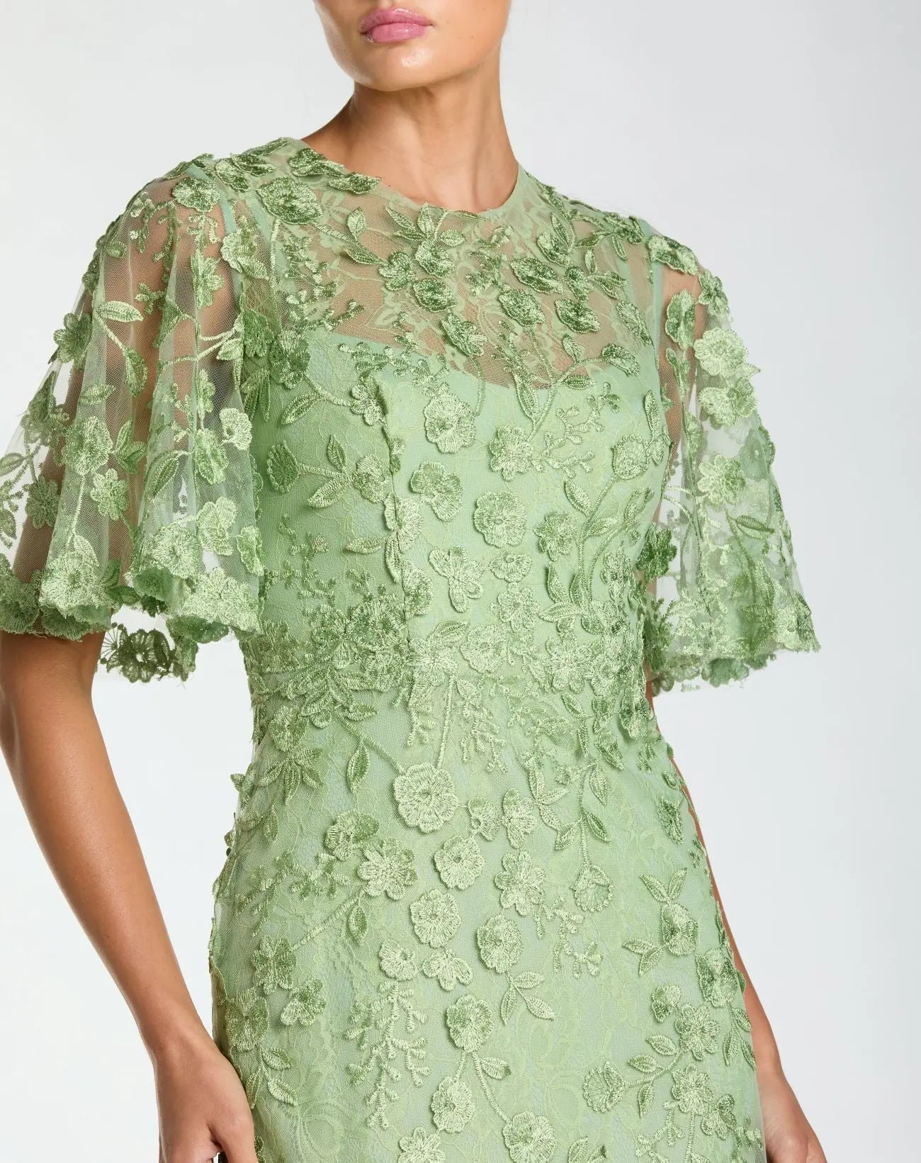 Green Flutter Sleeve Floral Embroidered Net Gown-Myartka