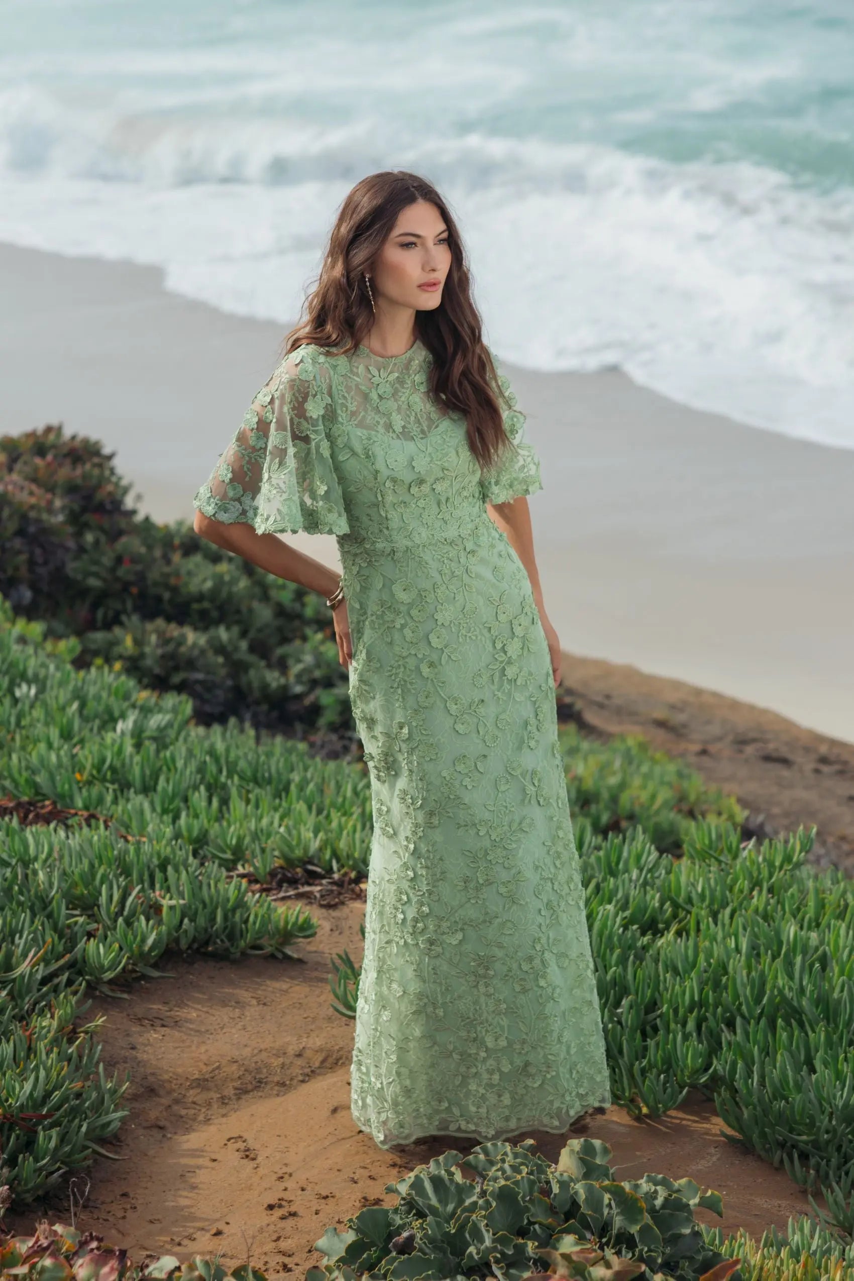 Green Flutter Sleeve Floral Embroidered Net Gown-Myartka
