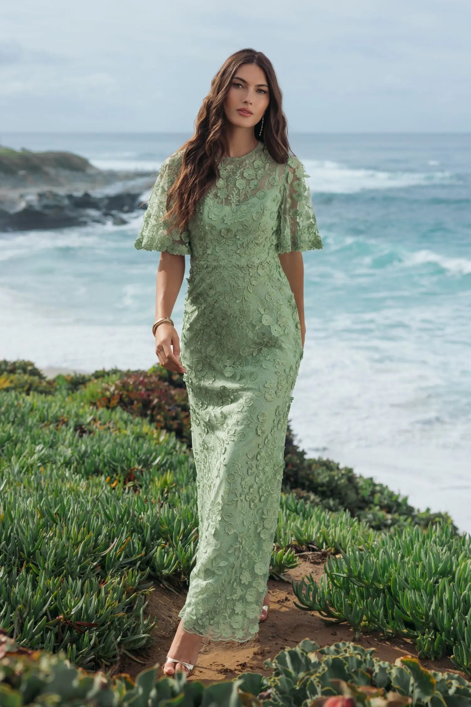 Green Flutter Sleeve Floral Embroidered Net Gown-Myartka