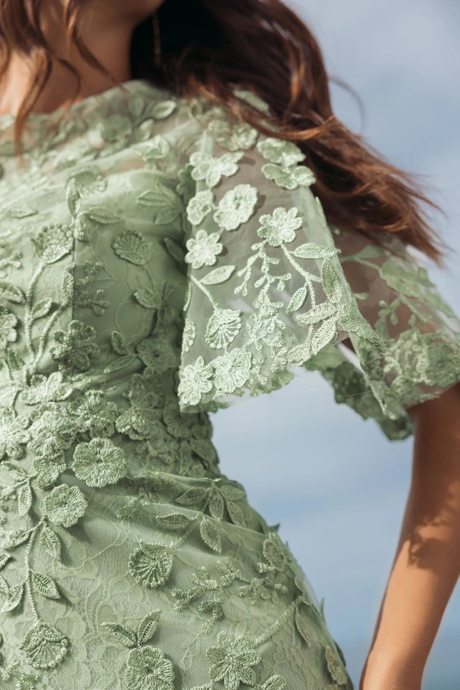 Green Flutter Sleeve Floral Embroidered Net Gown-Myartka